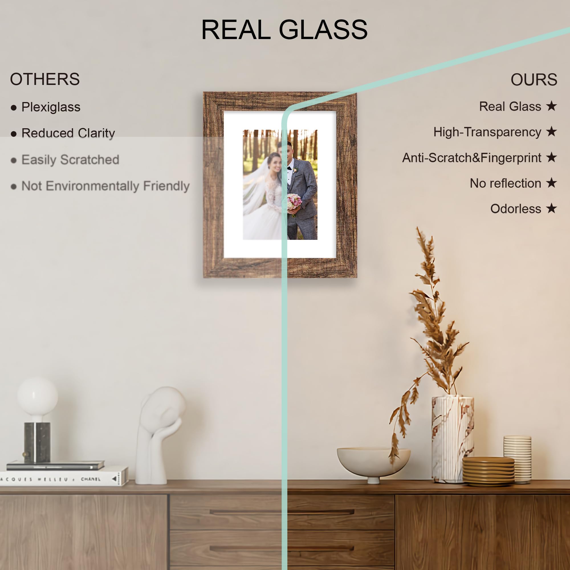 Hongkee 6x8 Picture Frame Set of 4, Made of Real Glass and Rustic Brown Frame - Display Picture 4x6 with Mat or 6x8 Without Mat,