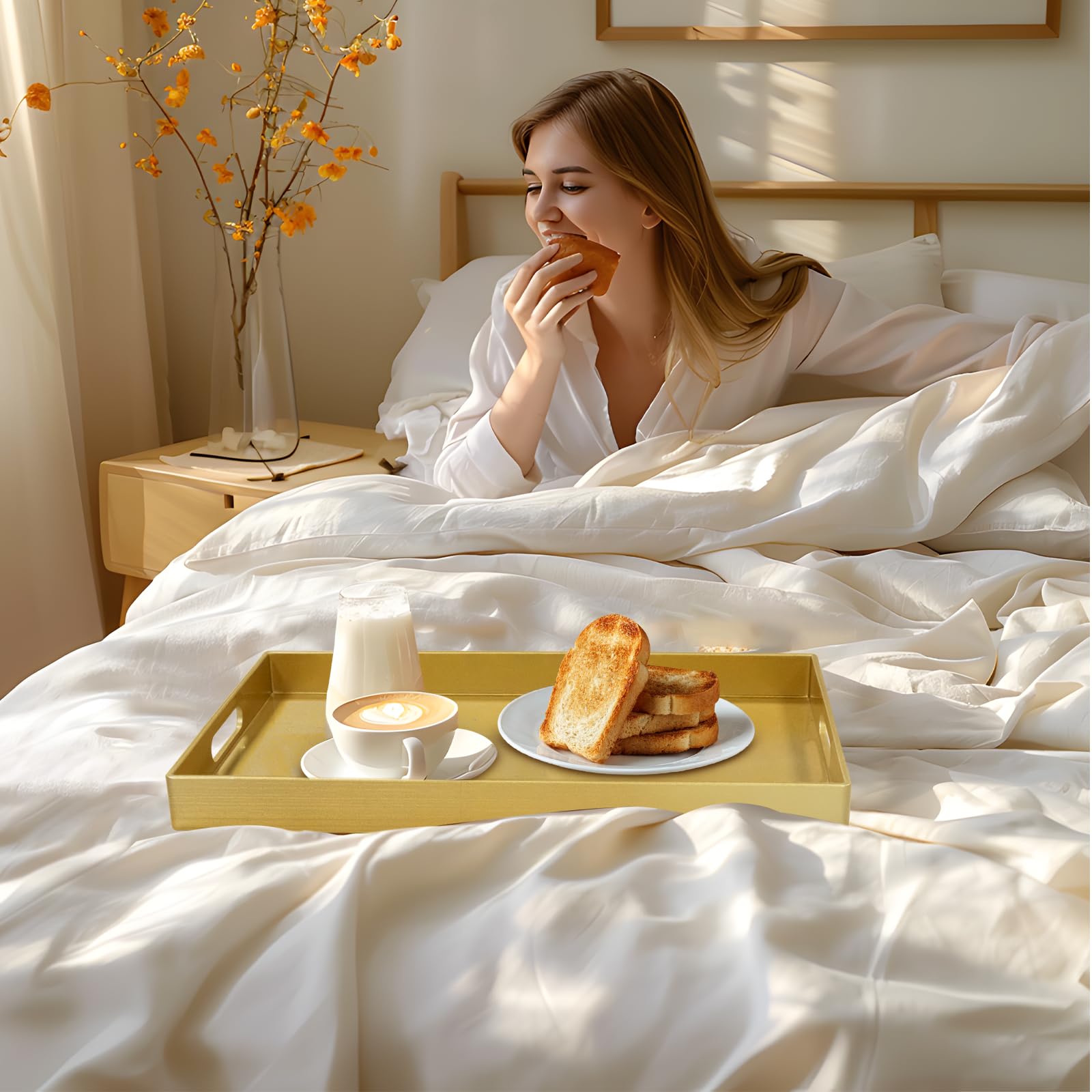 Maoname Modern Gold Decorative Tray With Handles, Gold Leaf Serving Tray For Coffee Table, Rectangle Bathroom Decor Tray, 15.8''
