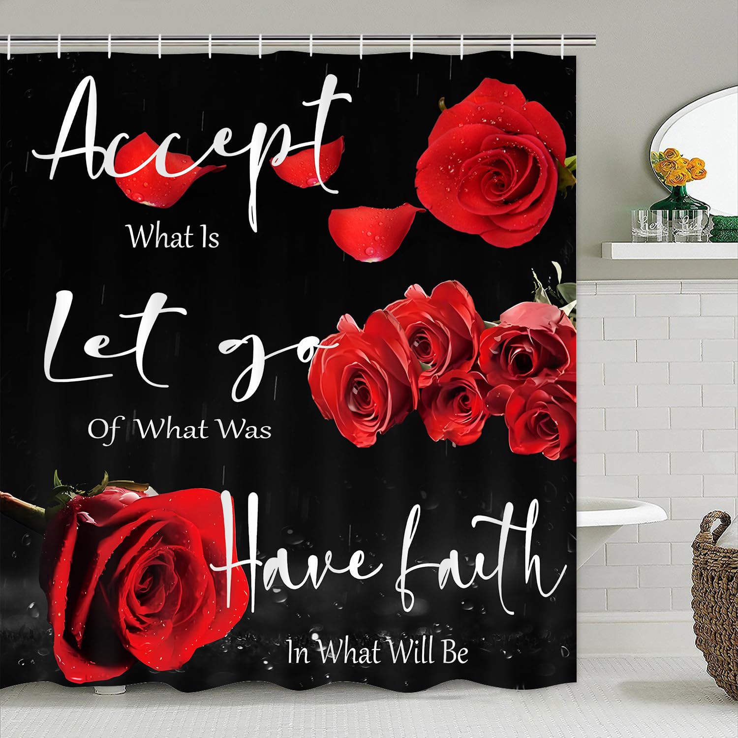 Yddsky 4 Pcs Red Rose Shower Curtain Sets Non-Slip Rugs Bath Mat Toilet Cover U Shaped Mat Thankful Grateful Blessed Black Red S