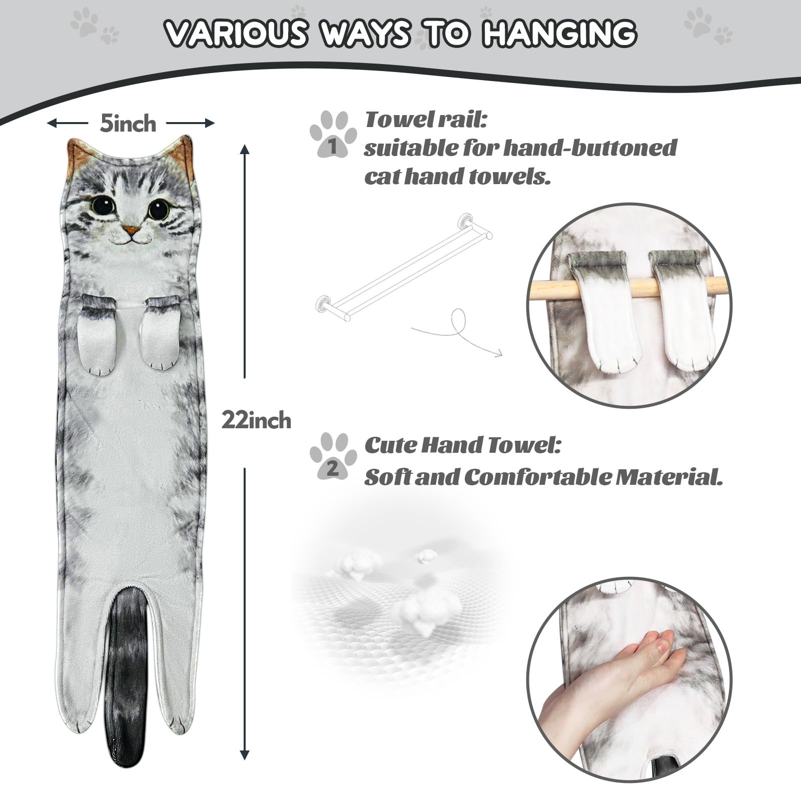 Infaccial Funny Cat Hand Towel for Kitchen and Bathroom Decorative Hanging Cat Towels for Cat Lovers Christmas Cat Gifts for Women(Grey Cat)