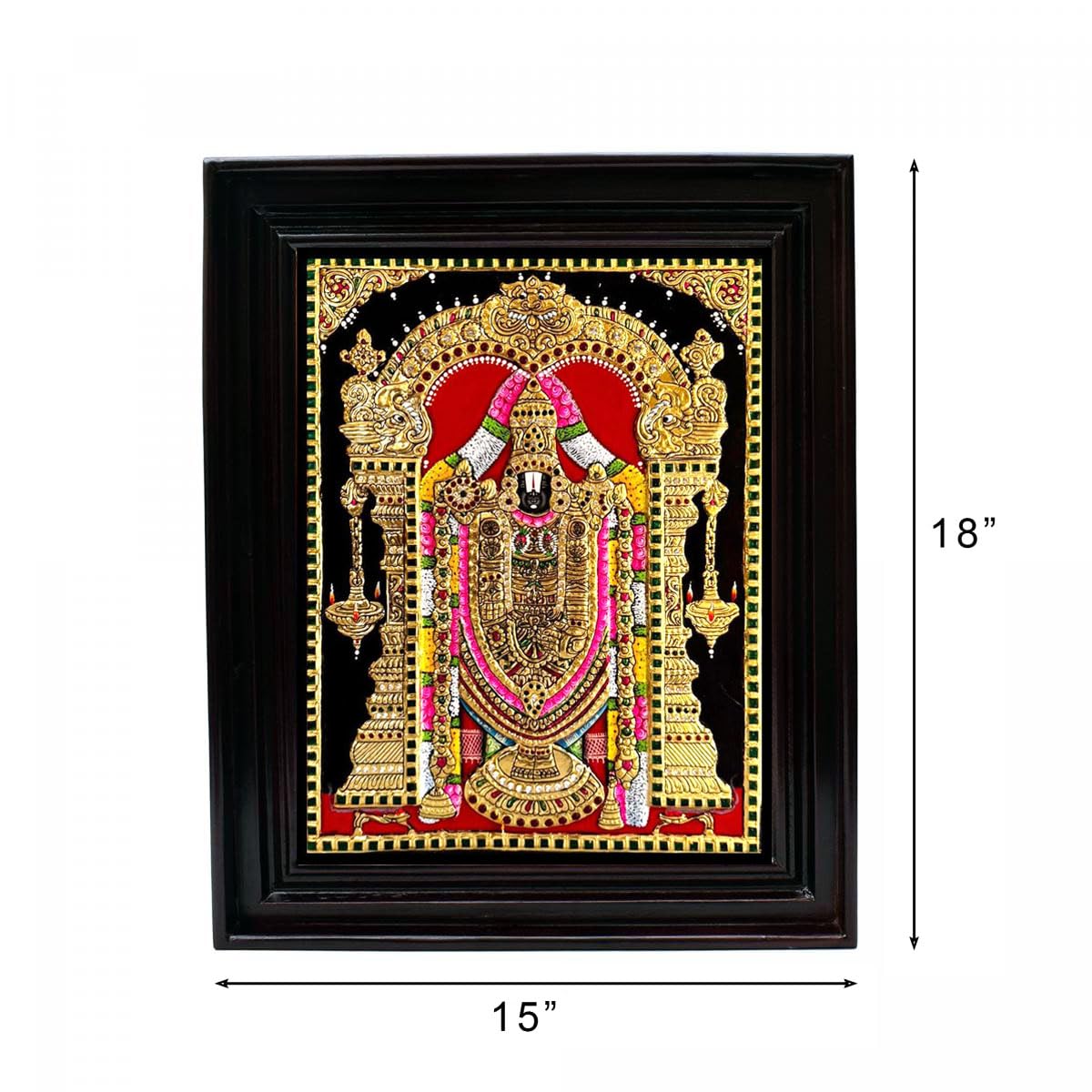 Tarang Arts Lord Balaji Tanjore Paintings With Chettinad Wood Classic Frame, 22Carat Gold Foil & Jaipur Stones Handwork Painting