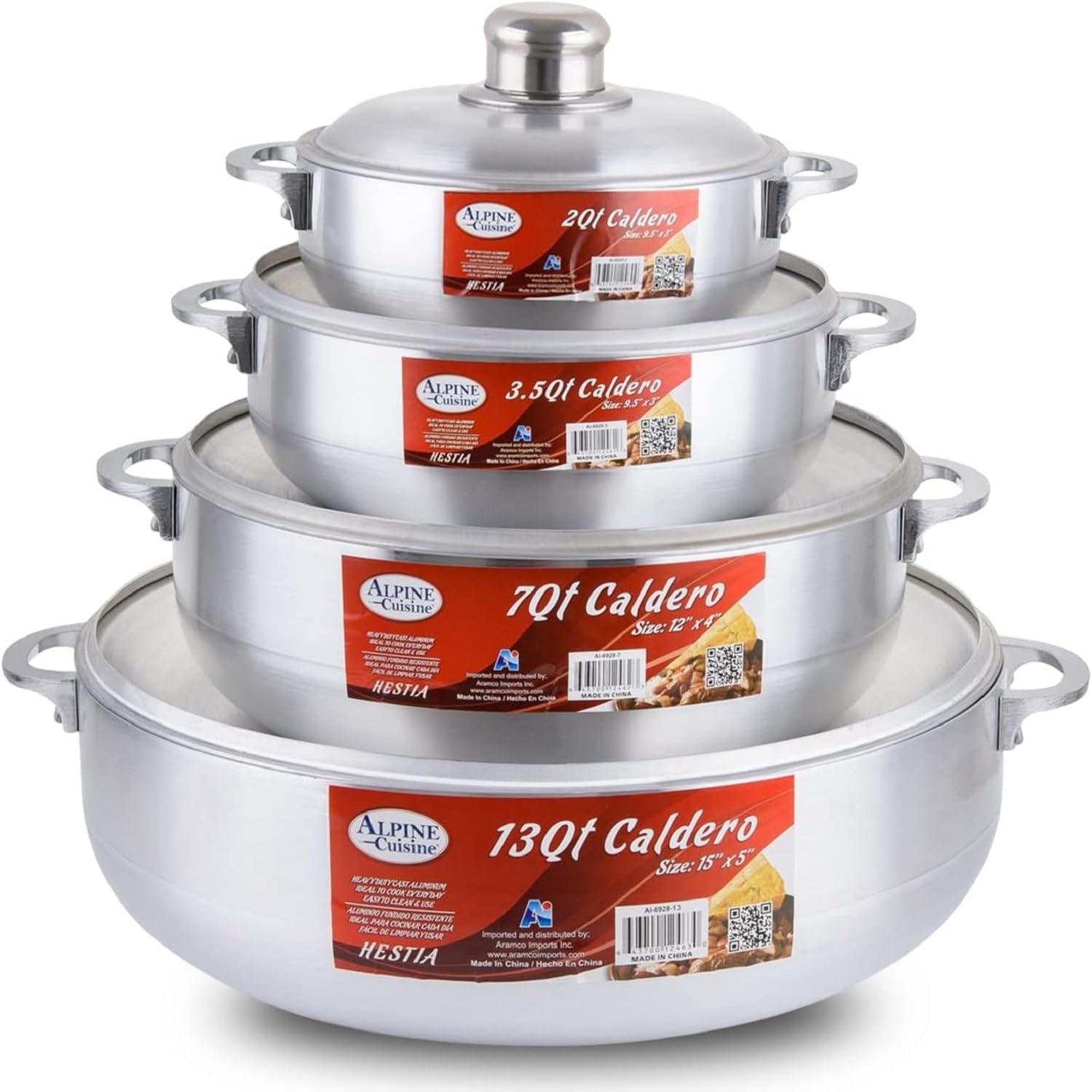 Alpine Cuisine Aluminum Caldero Stock Pot Set (2/3.5/7/13 Quart), Cosine Cooking Dutch Oven, Serve Large & Small Groups, Riveted