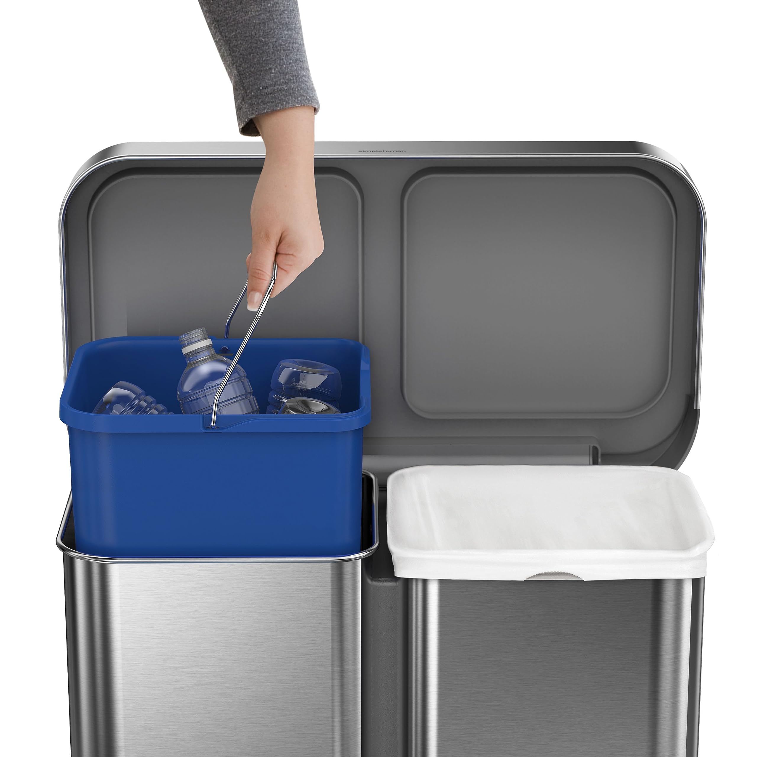 Simplehuman 58 Liter / 15.3 Gallon Rectangular Dual Compartment Recycling Step, Brushed Stainless Steel With Soft-Close Plastic