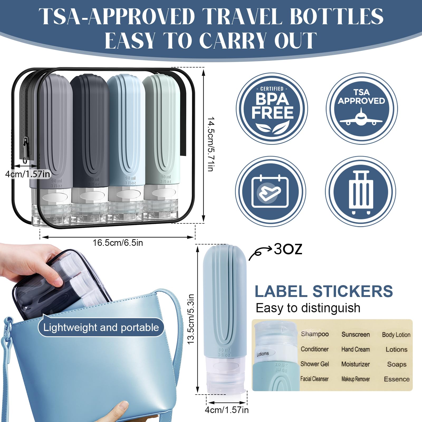 Yiimer Travel Bottles For Toiletries, 3Oz Tsa Approved Travel Size Toiletries, Silicone Leak-Proof Refillable Containers, Squeez