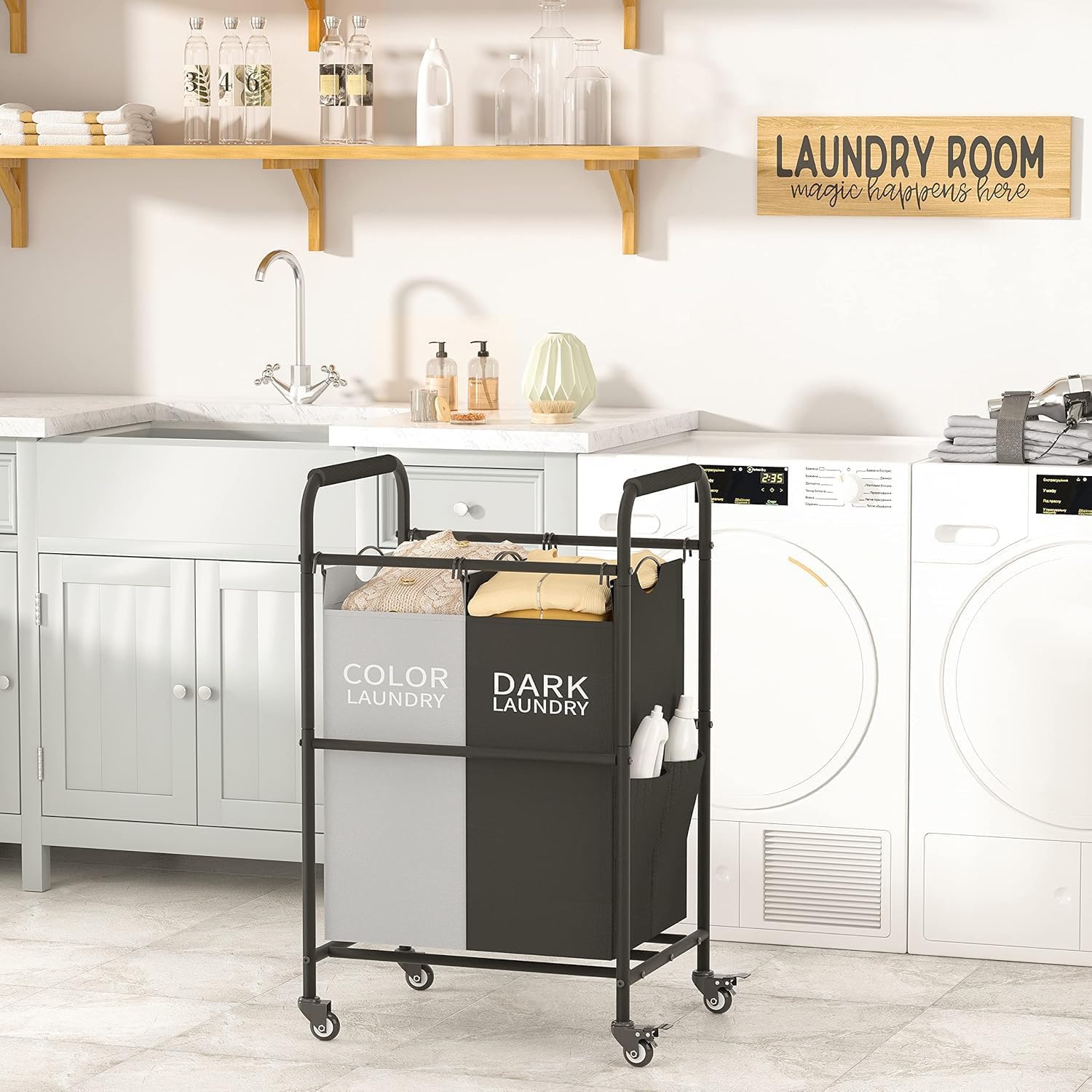 Tajsoon 2 Bag Laundry Sorter Cart, Laundry Hamper Sorter Basket With Heavy Duty Lockable Rolling Wheels For Clothes Storage, Bla