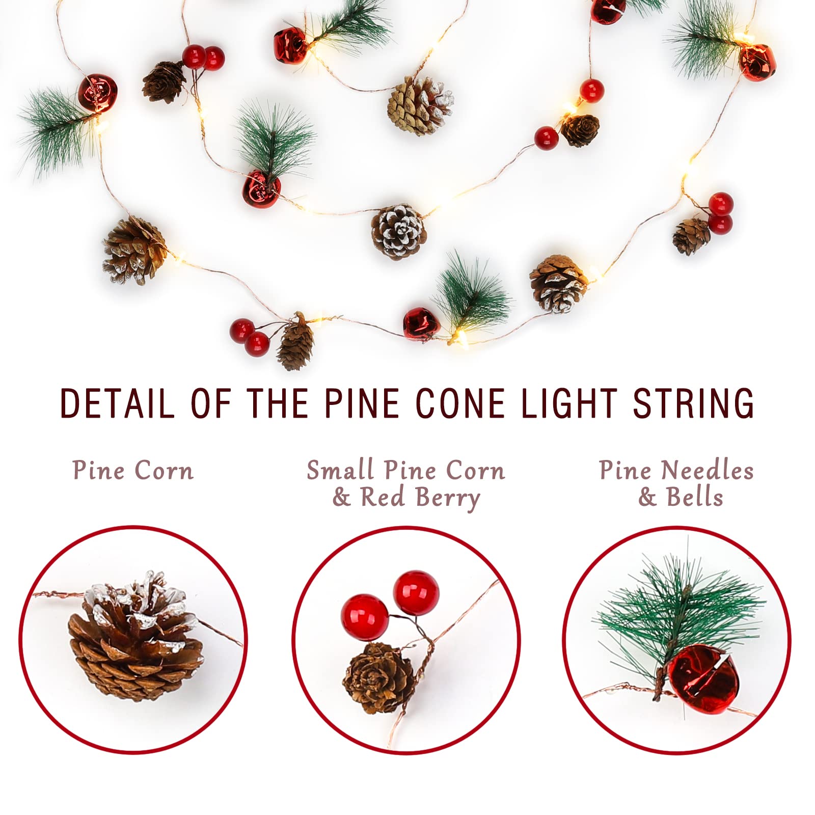 KITCADA Christmas Garland with String Lights 10 Ft 30 LED Pine Cone Red Berry Bells Garland Lights, Indoor Christmas Decorations