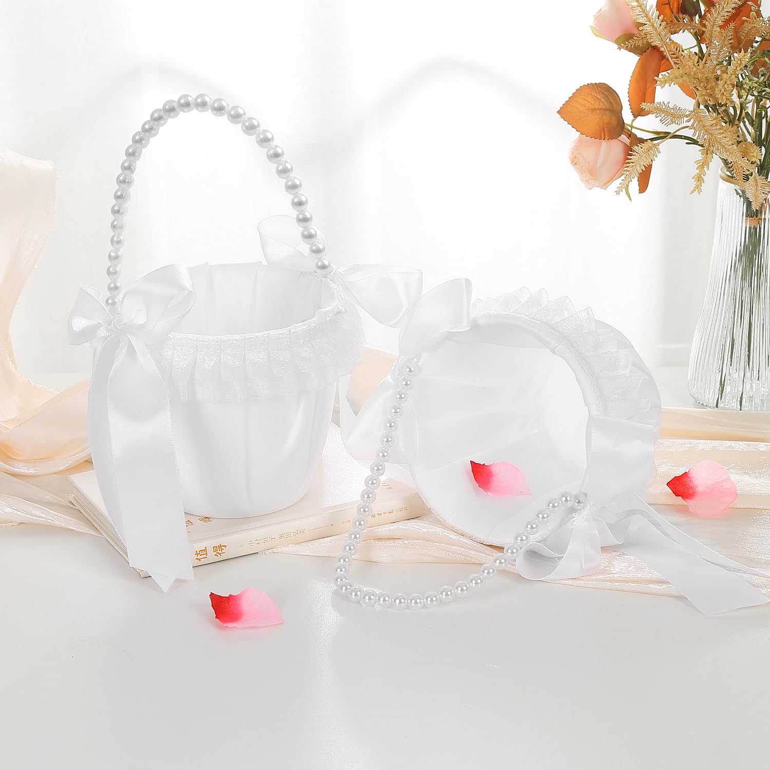 True Love Gift 2 Pcs Flower Girl Basket With Pearl Handle Flower Girl Baskets For Weddings