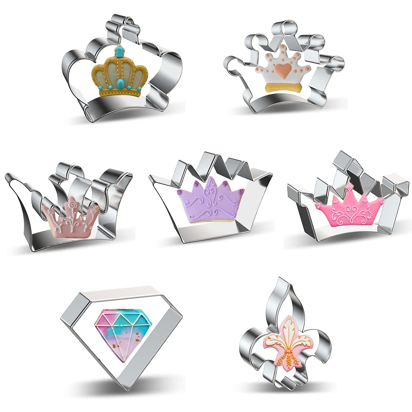 Crown Cookie Cutters Shapes Set Of 7 - Stainless Steel Metal King Crown, Queen Crown, Prince Crown, Princess Crown, Diamond, Iri