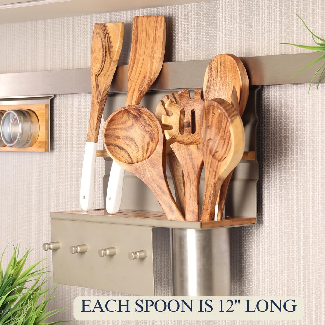 Lavaux Designs Wooden Utensils For Cooking Set Of 8, Natural Acacia Wood Spoons And Spatula Set, Non-Stick, Durable, Eco- Friend