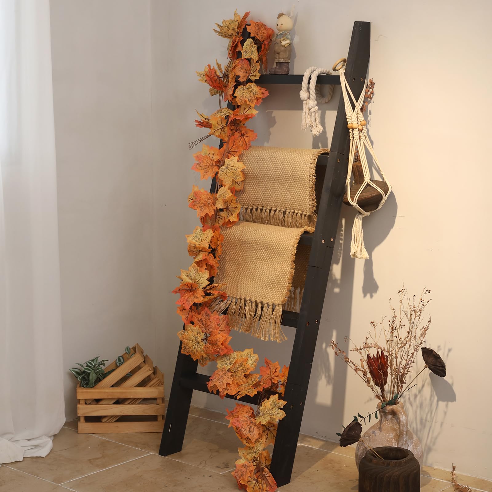 Fuin 5Ft (58'') Wood Blanket Ladder Living Room Decorative Wall Leaning Farmhouse Quilt Display Holder Shelf Rustic Wooden Towel