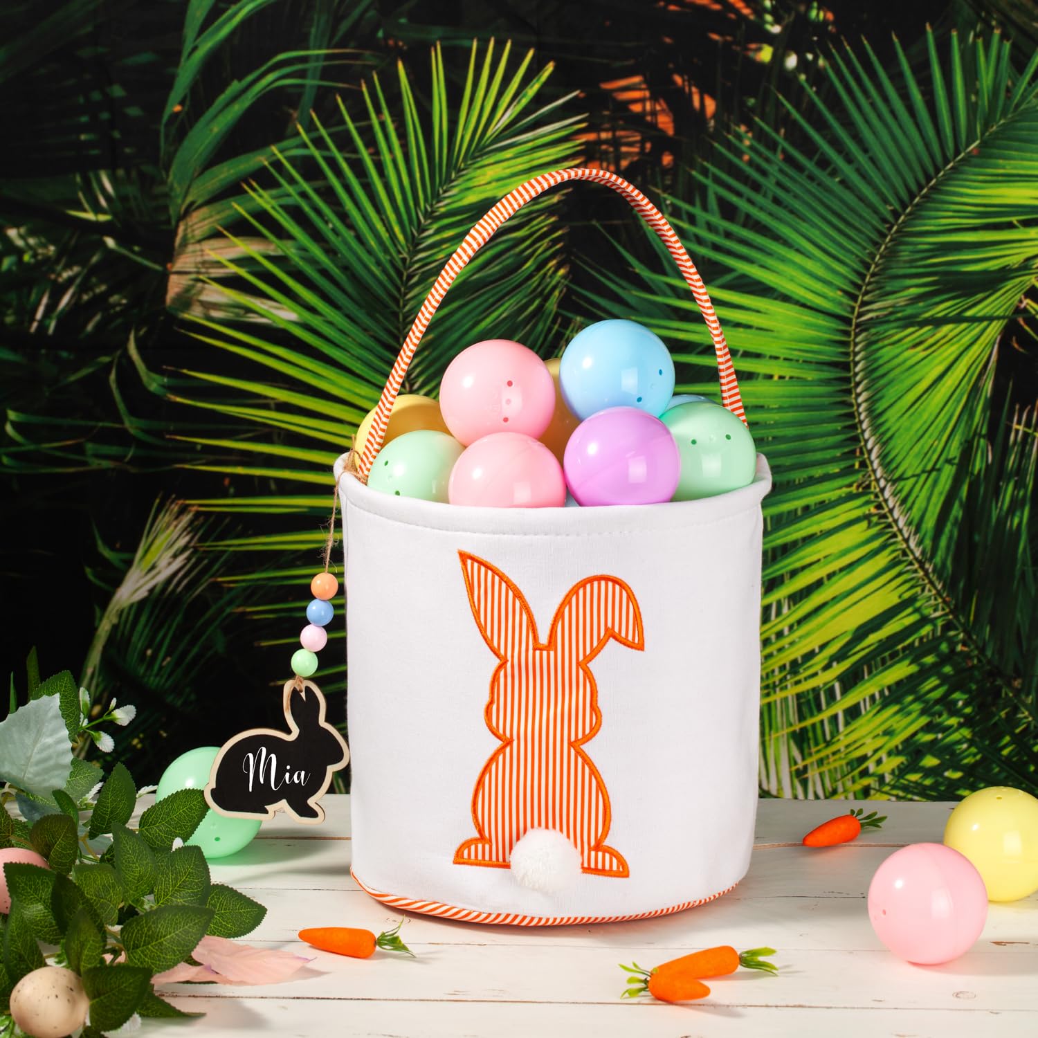 CHOIEO Easter Basket, Bunny Baskets with Pom-Pom Tail, Stripe Pattern, Bucket for Egg Hunts, Easter Gifts (Orange)