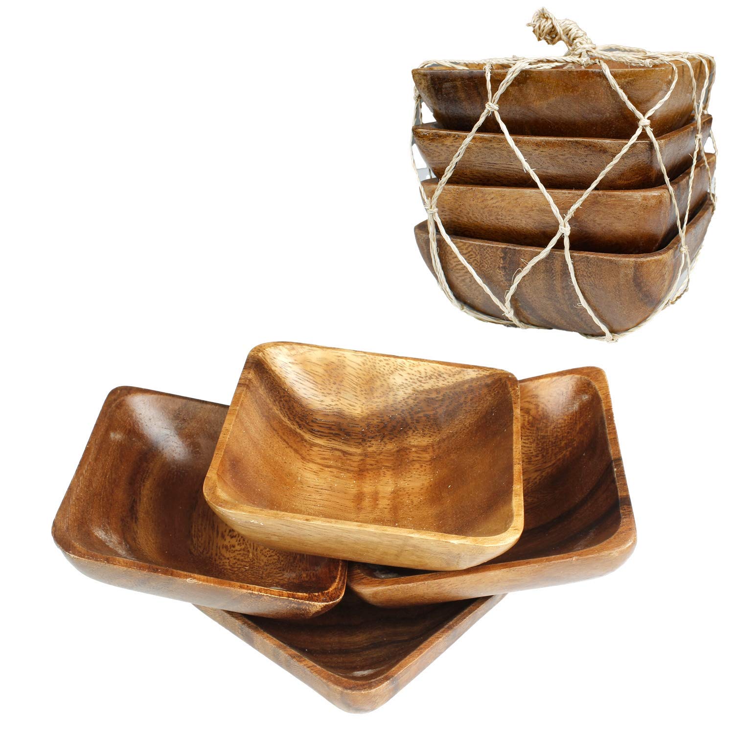 Acacia Handmade Wood Carved Plates - Set Of 4 Calabash Bowls Size 4'' (Square)