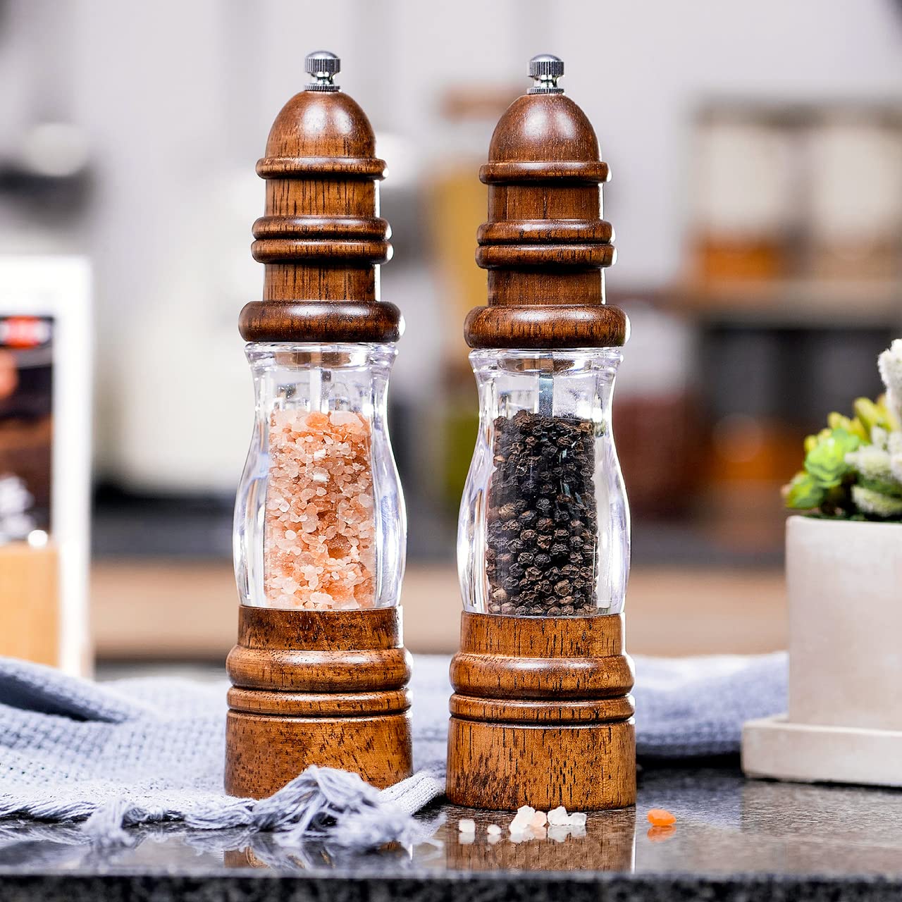 Leden Wood Pepper Grinder Mill, Manual Salt And Pepper Mills Refillable With Visible Window, Pepper Shakers, Salt Mill, Adjustab
