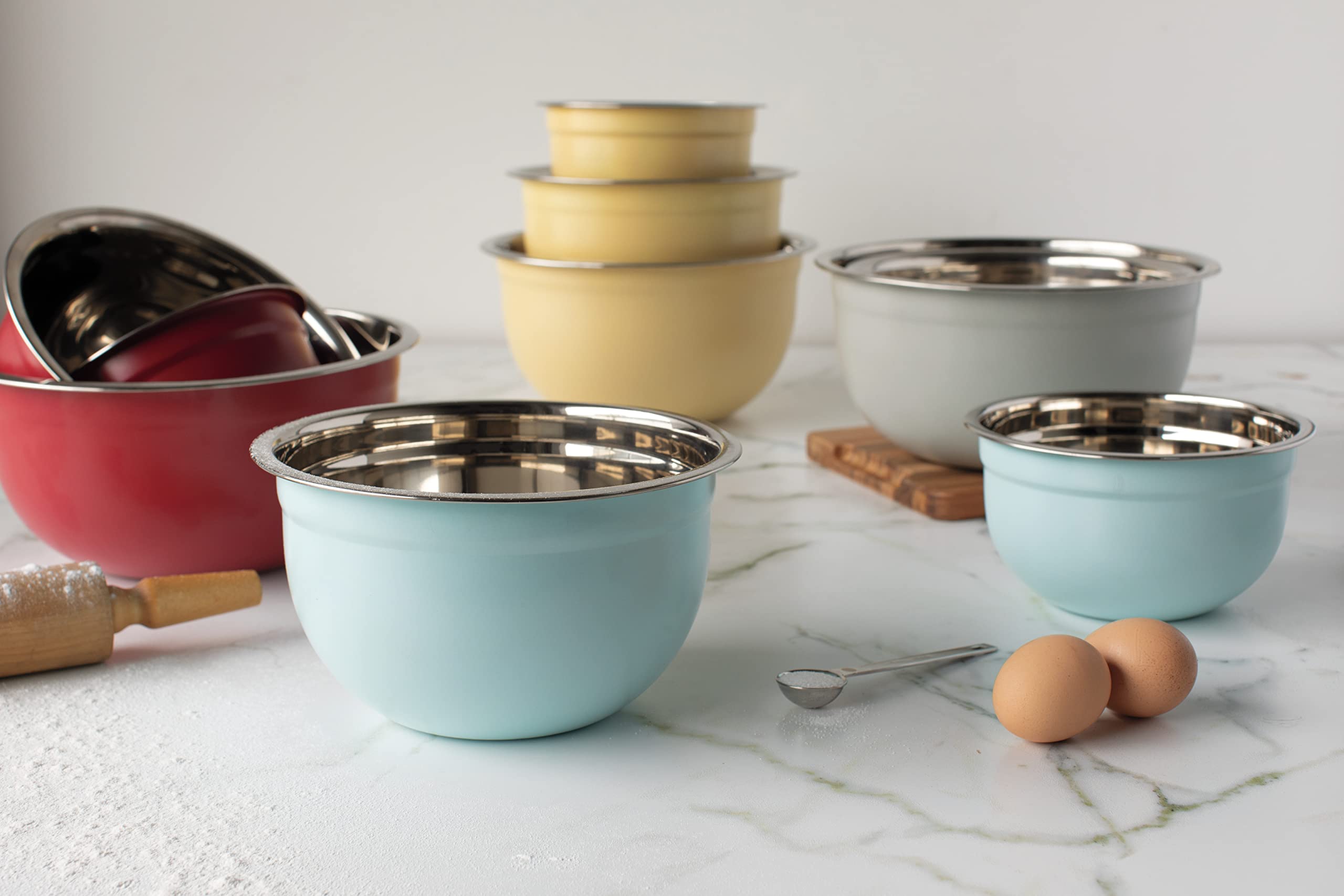 Now Designs Matte Coated Steel Mixing Bowls, Robins Egg Blue, 5 Qt, 3 Qt, 1.5Qt, Set Of 3