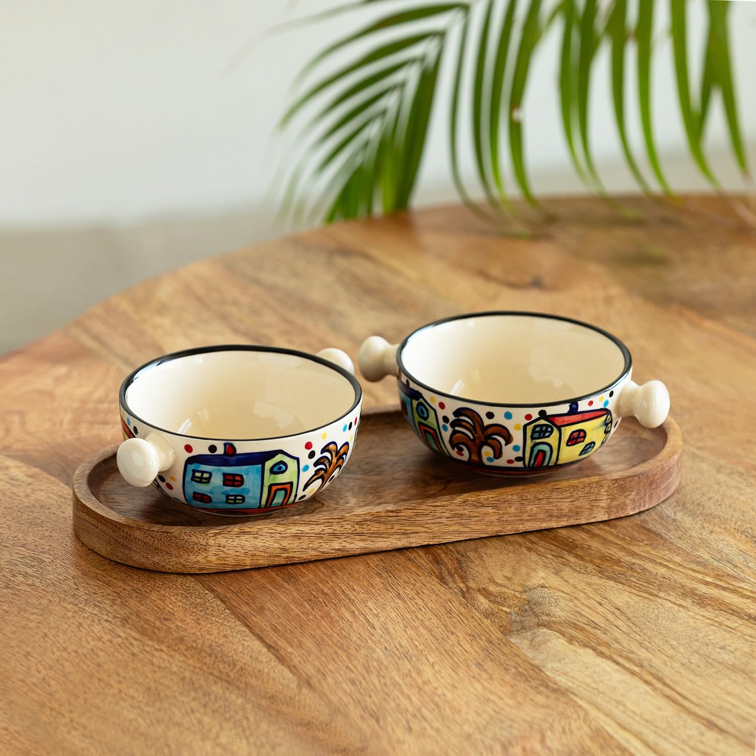Exclusivelane 'The Hut' Ceramic Serving Bowls With Wooden Tray (Set Of 2, 260 Ml)|Hand-Painted Bowls For Kitchen Snacks Serving 