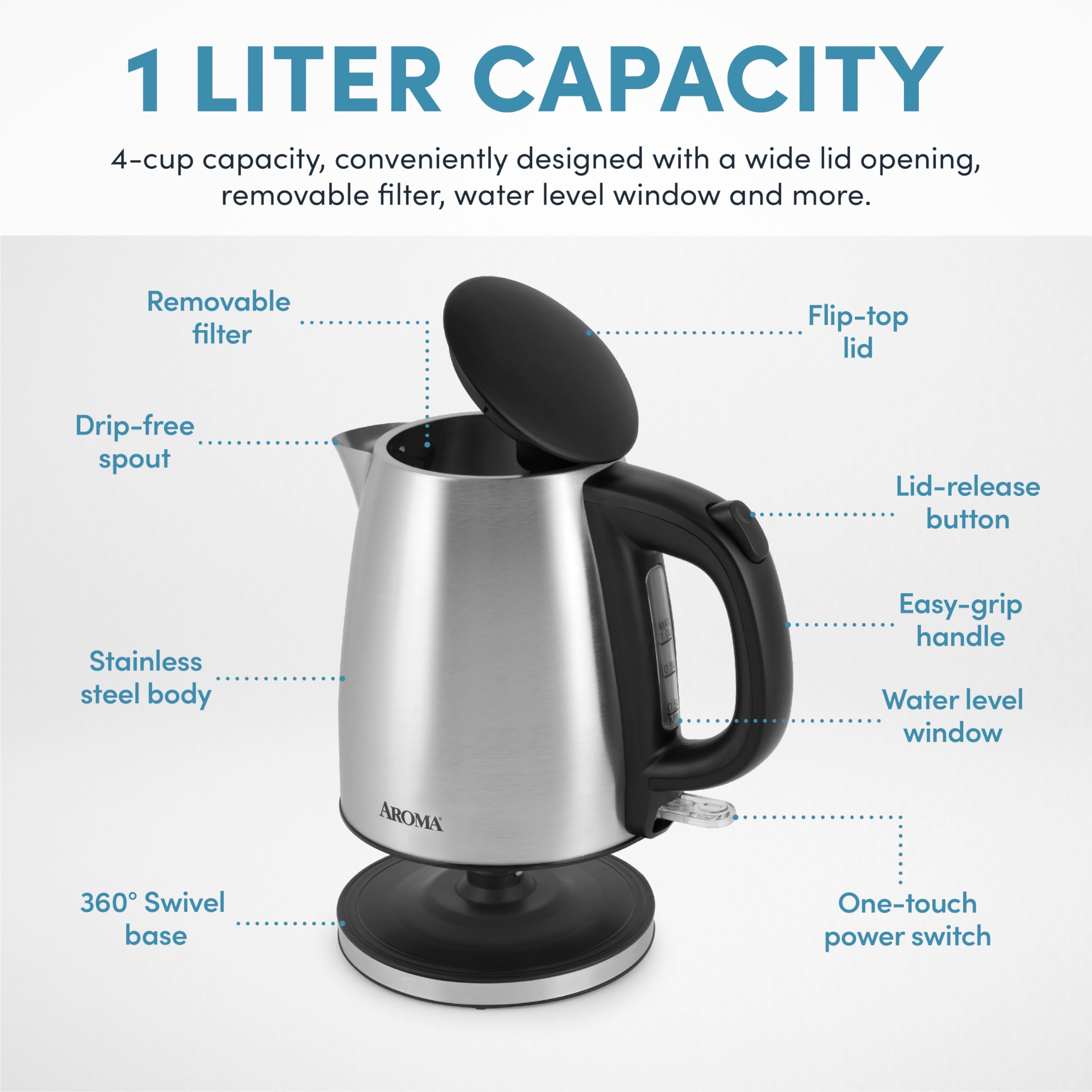 Aroma Housewares Housewares 1.0L / 4-Cup Stainless Steel Electric Kettle (Awk-267Sb)