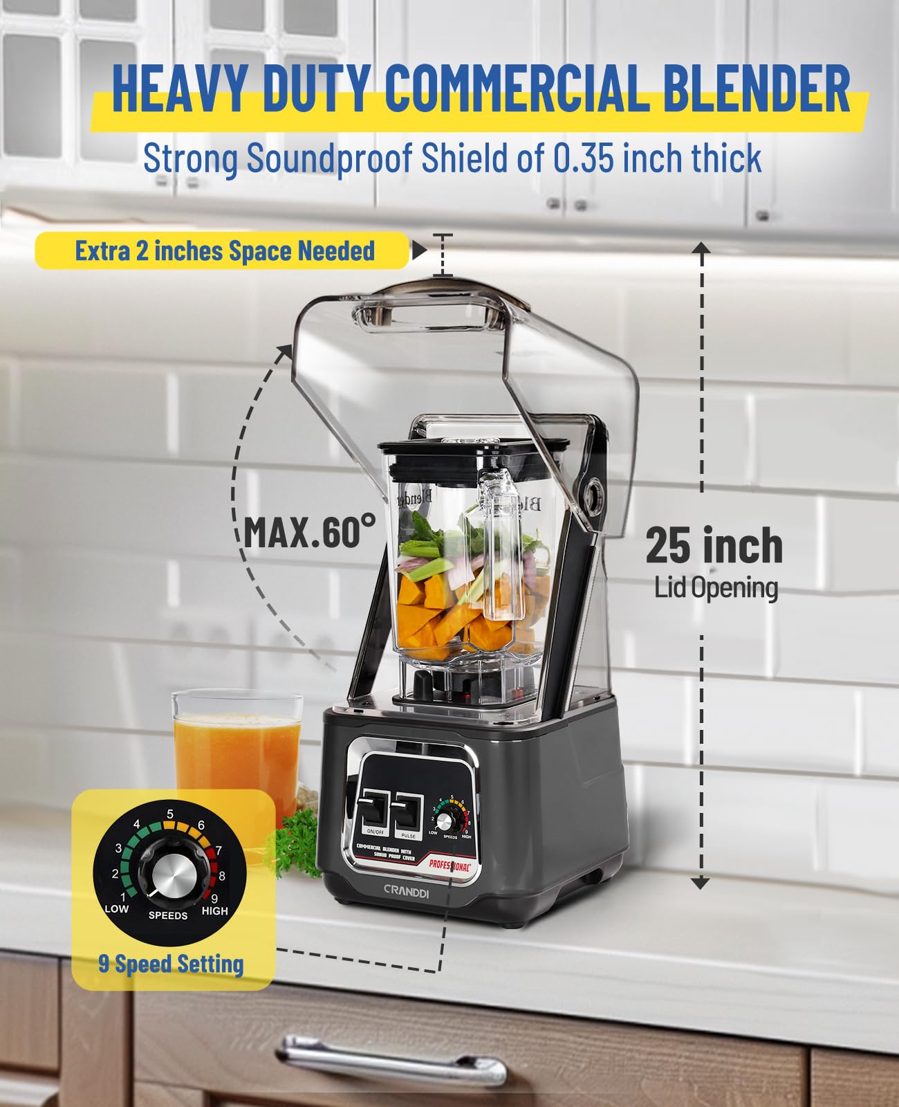 CRANDDI Professional Smoothie Blender  2200W Commercial Soundproof Quiet blender with Removable Soundproof Shield for Crushing Ice  MilkShakes  Puree  Self-Cleaning  50oz 110V K80 (Grey)