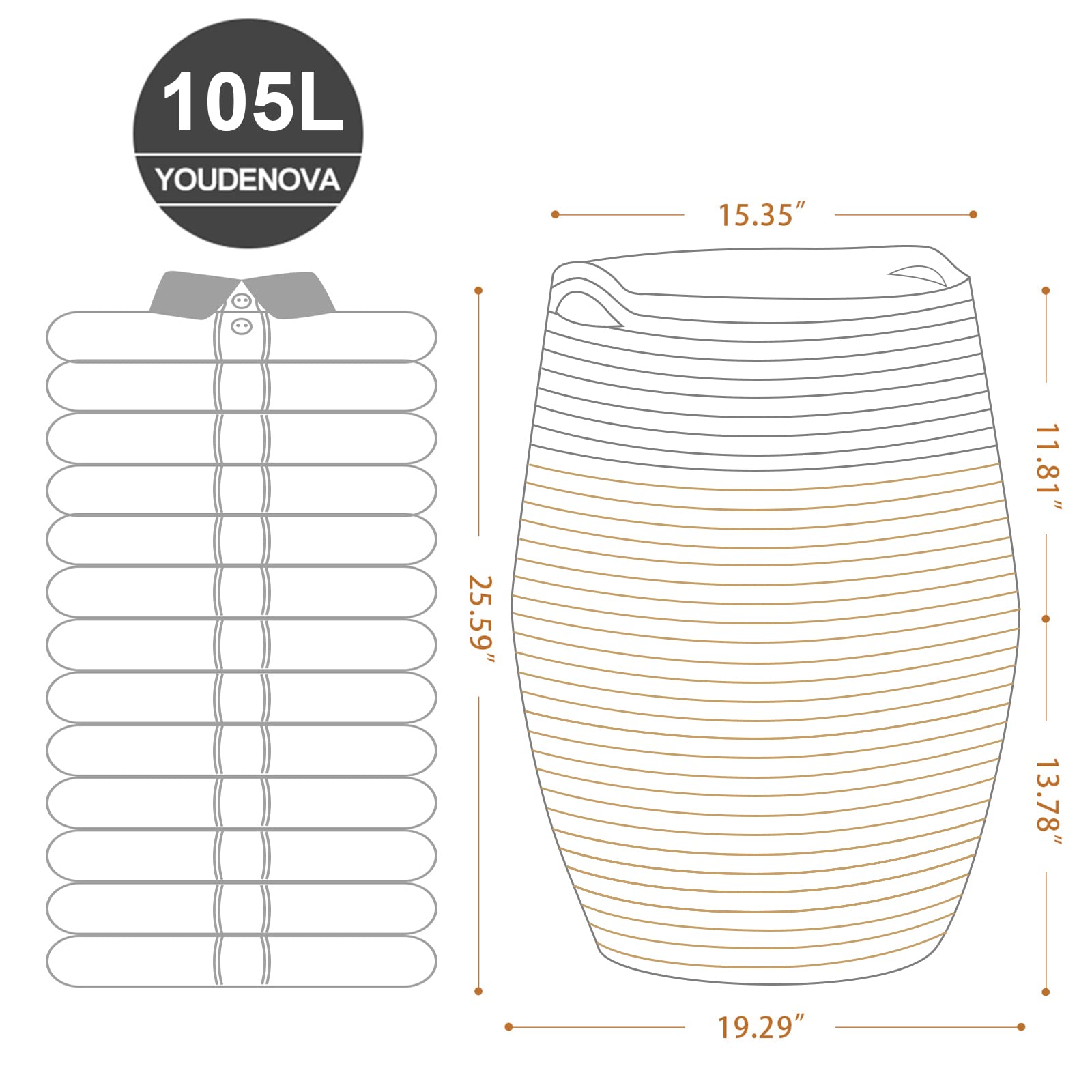 cotton Rope Laundry Hamper by YOUDENOVA  105L - Woven collapsible Basket clothes Storage for Blankets  Room Organizing  Bedroom Storage  - Brown & White