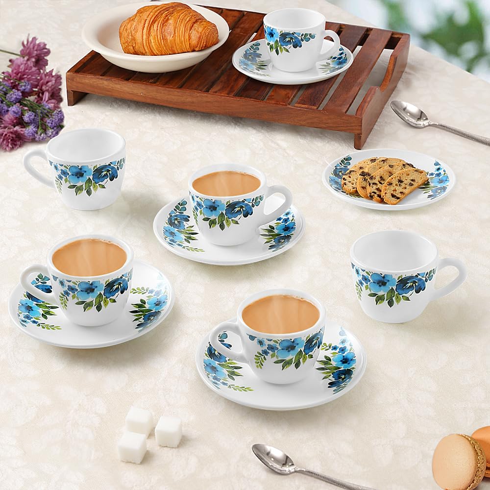 Larah By Borosil Pansy Opalware Cup And Saucer Set Of 12 Pcs | Tea/Coffee Cups 90 Ml | Microwave & Dishwasher Safe | BoneAsh Fr