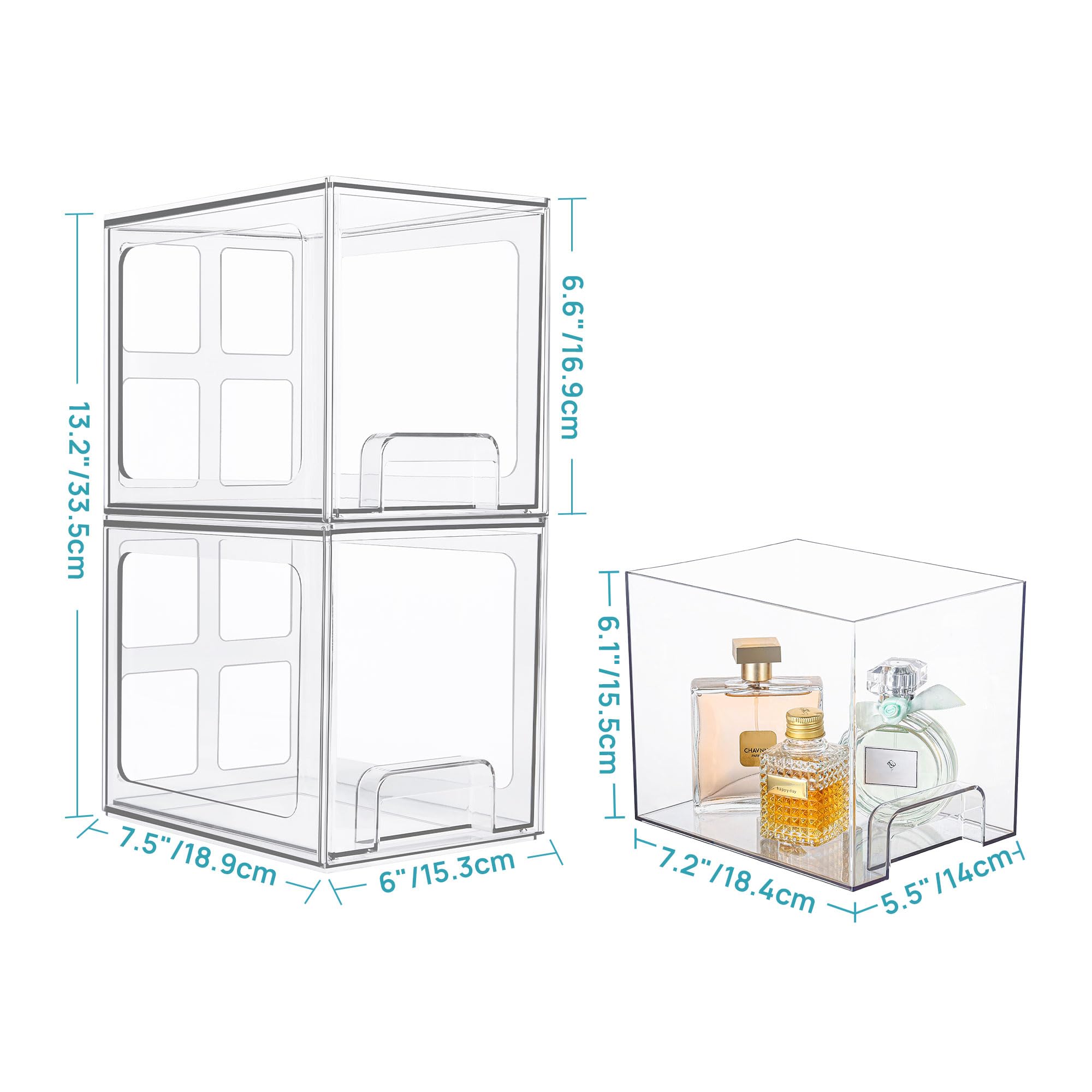 Vtopmart 2 Pack Stackable Storage Drawers, 6.6''Tall Acrylic Bathroom Makeup Organizers,Clear Plastic Storage Bins For Vanity, U
