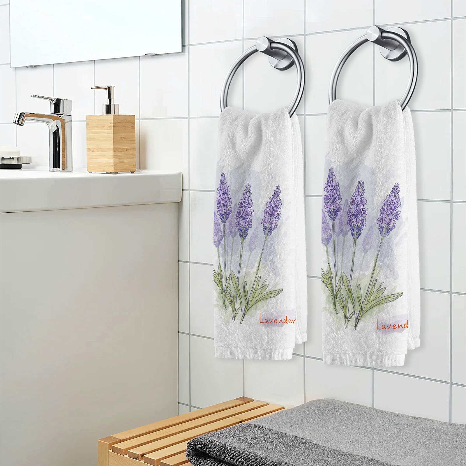 Alaza Lavender Purple Hand Towels For Bathroom Towels Decorative Set 2 Soft 100 Percent Cotton Fancy Lavender Printed Purple Tow