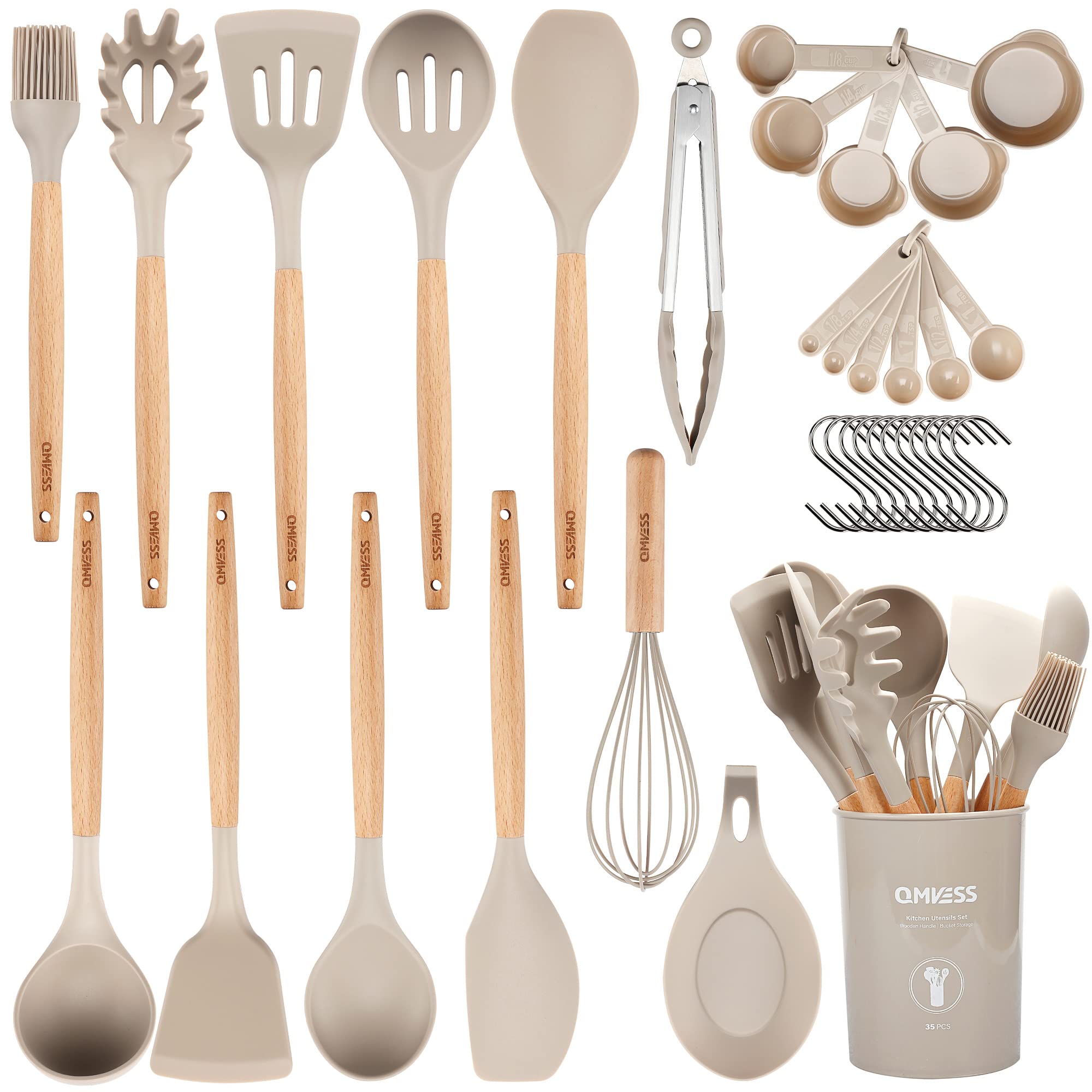 Kitchen Utensils Set Qmvess 35 Pcs Non-Stick Silicone Cooking Utensils Set With Holder Sturdy Insulation Wooden Handle Heat Resi