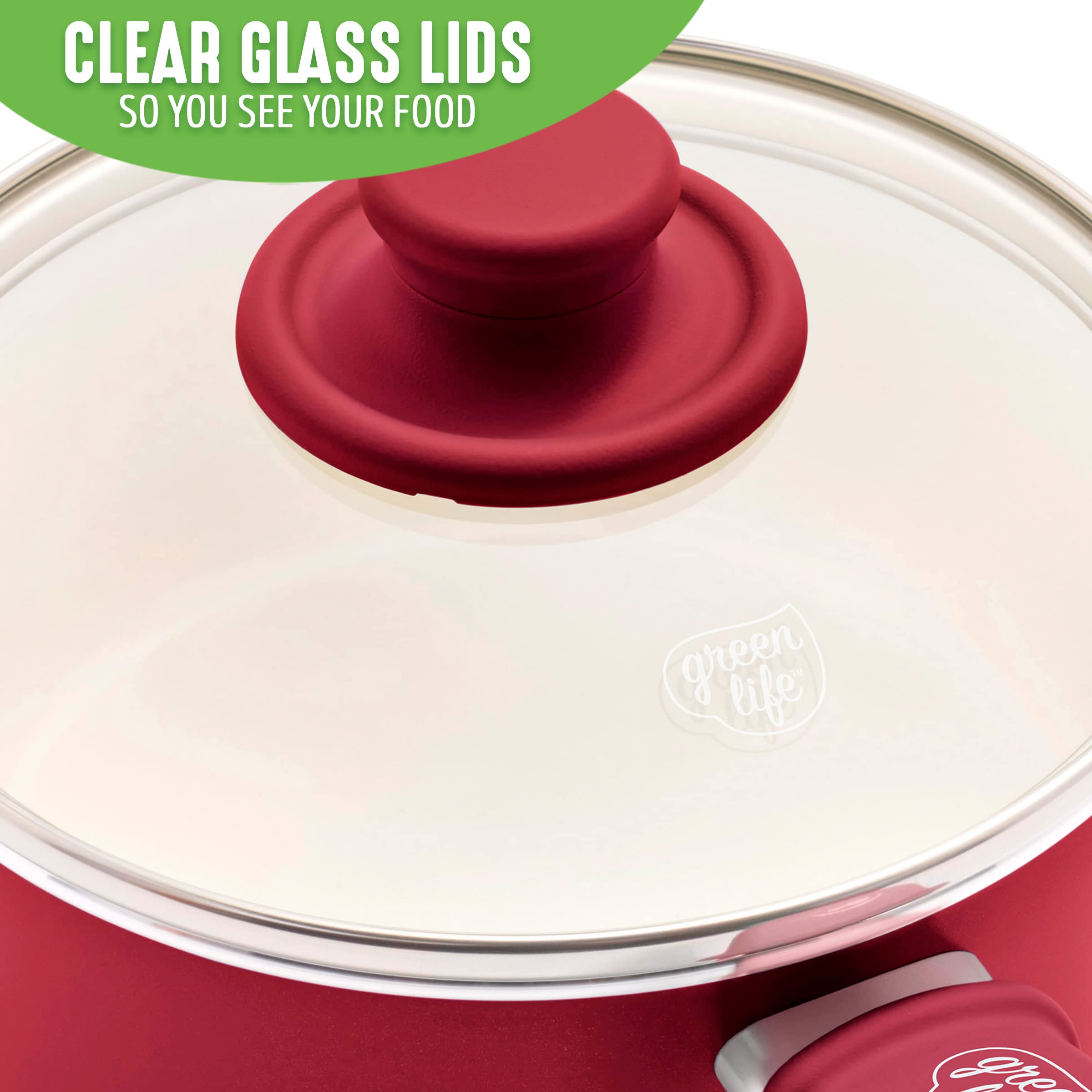 Greenlife Soft Grip Healthy Ceramic Nonstick, 1Qt And 2Qt Saucepan Pot Set With Lids, Pfas-Free, Dishwasher Safe, Red