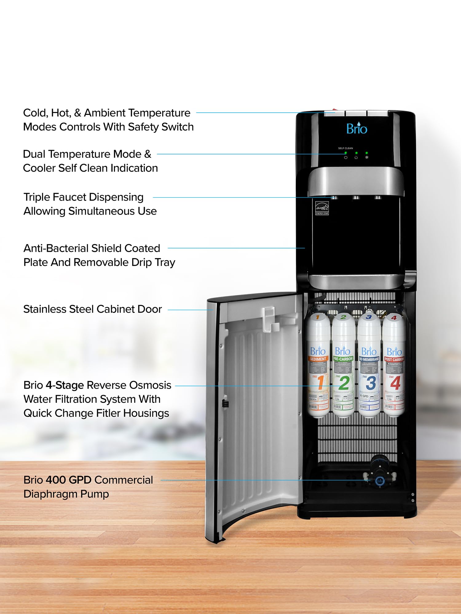 Brio Commercial Grade Bottleless Ultra Safe Reverse Osmosis Drinking Water Filter Water Cooler Dispenser-3 Temperature Settings