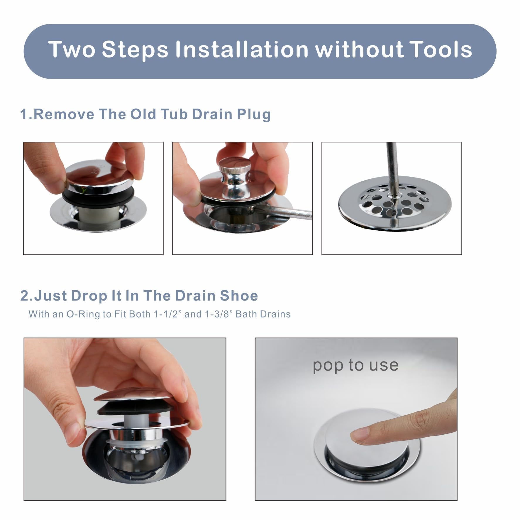 Chrome Plated Universal Tub Dain Stopper, Hidrop Pop Up Bath Drain Tip Toe Bathtub Drain Stopper,Conversion Kit Assembly, Replac