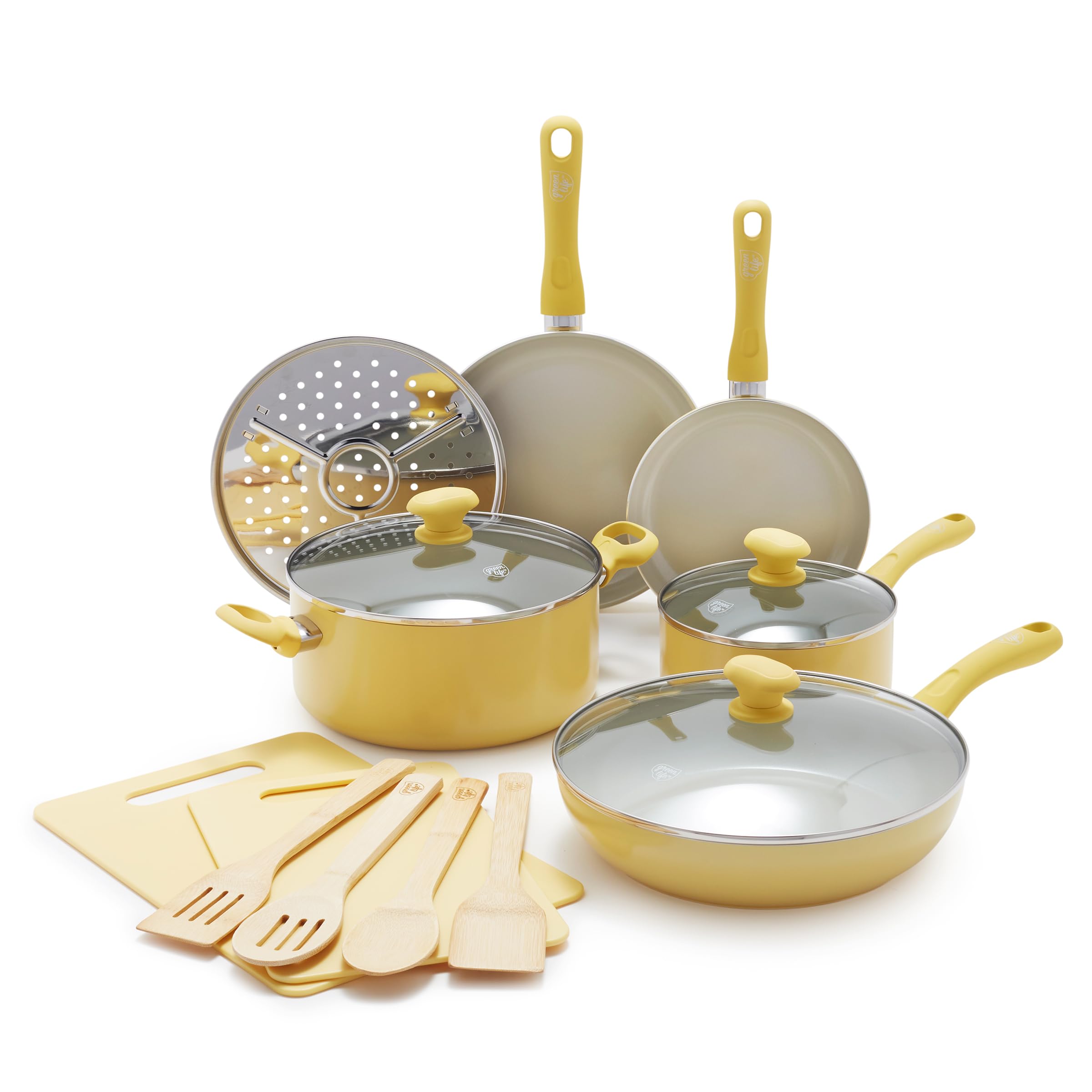 GreenLife Soft Grip Healthy Ceramic Nonstick 15 Piece Kitchen Cookware Pots and Frying Sauce Saute Pans Set, PFAS-Free with Kitc