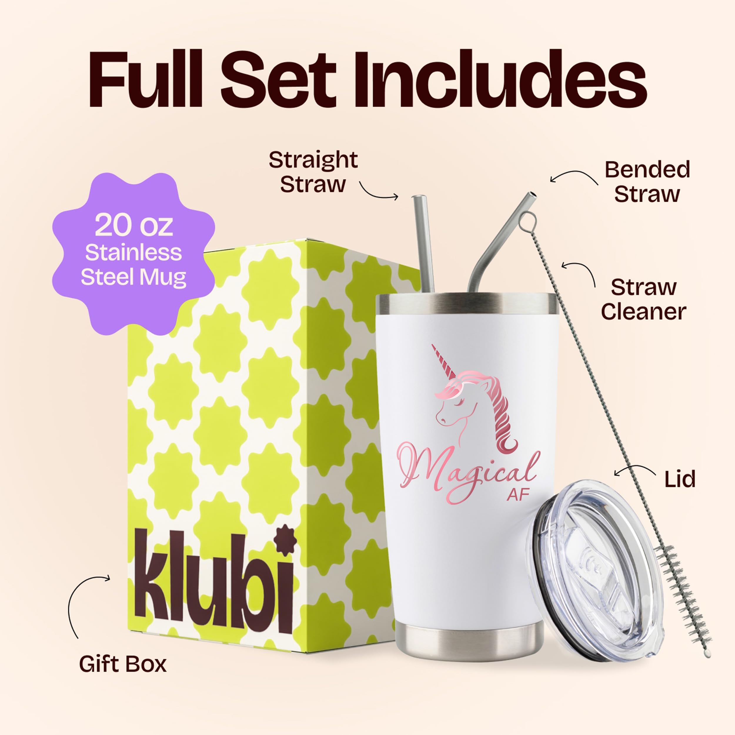 KLUBI Unicorn Gifts for Women - Travel Coffee Mug/Tumbler with Lid 20oz - Funny Gift for Unicorn Lovers  Adults Cute Mugs