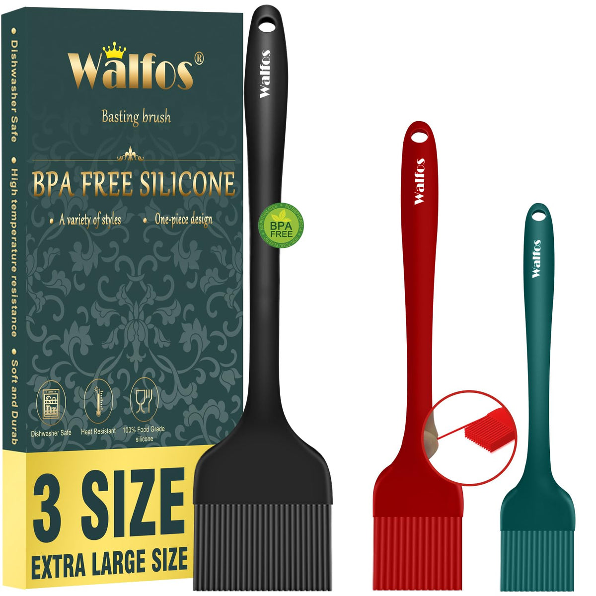 Walfos 3 Size Basting Pastry Brush, Silicone Pastry Brushes For Barbecue, Baking, Desserts, Cooking Brush For Kitchen - Strong S