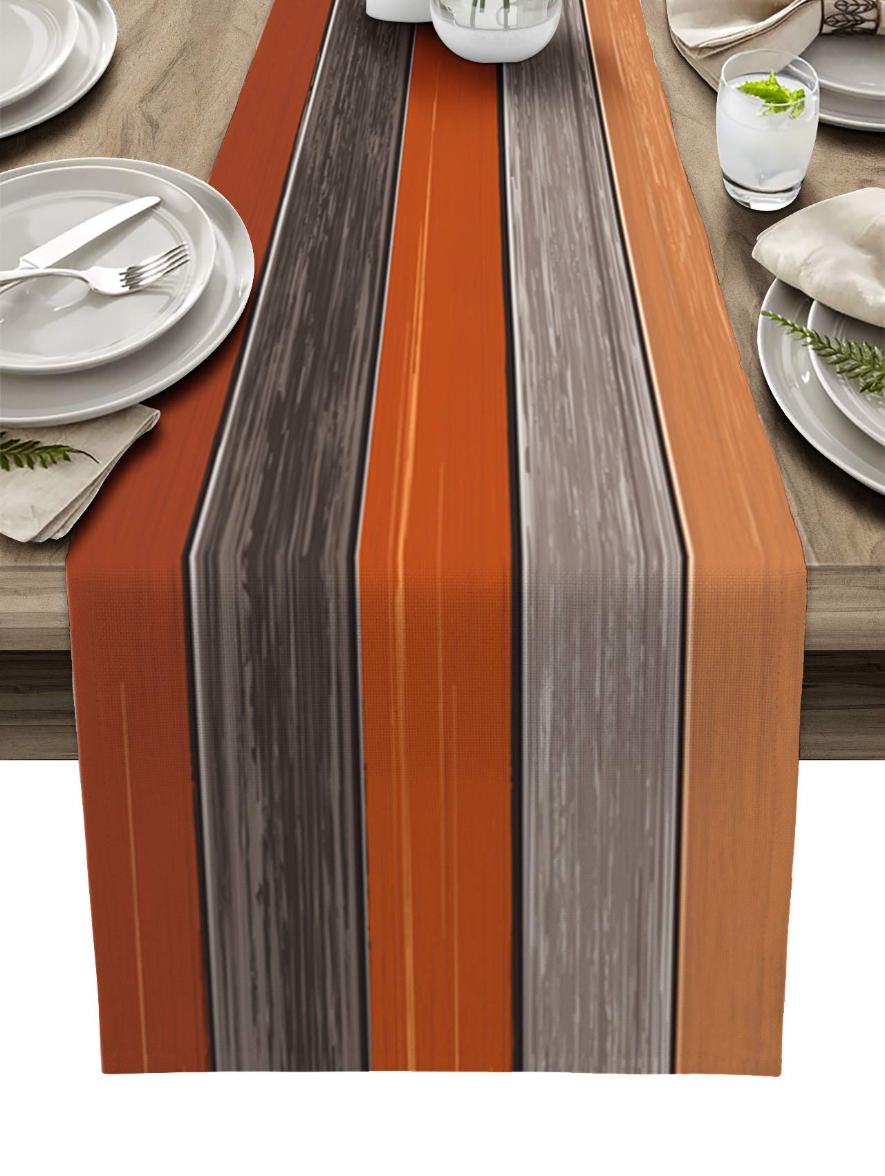 Vandarllin Farmhouse Cotton Linen Table Runner Dresser Scarf Retro Rustic Barn Wood Texture Ombre Burnt Orange Gray Non-Slip Rec