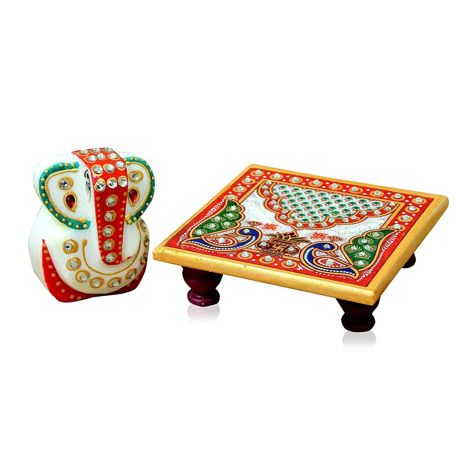 Benavji Marble Chowki With Ganesha Idol Hand Painted Ganesh Marble Base Home Decor Traditional Decorative Gift Pooja Wedding Sho