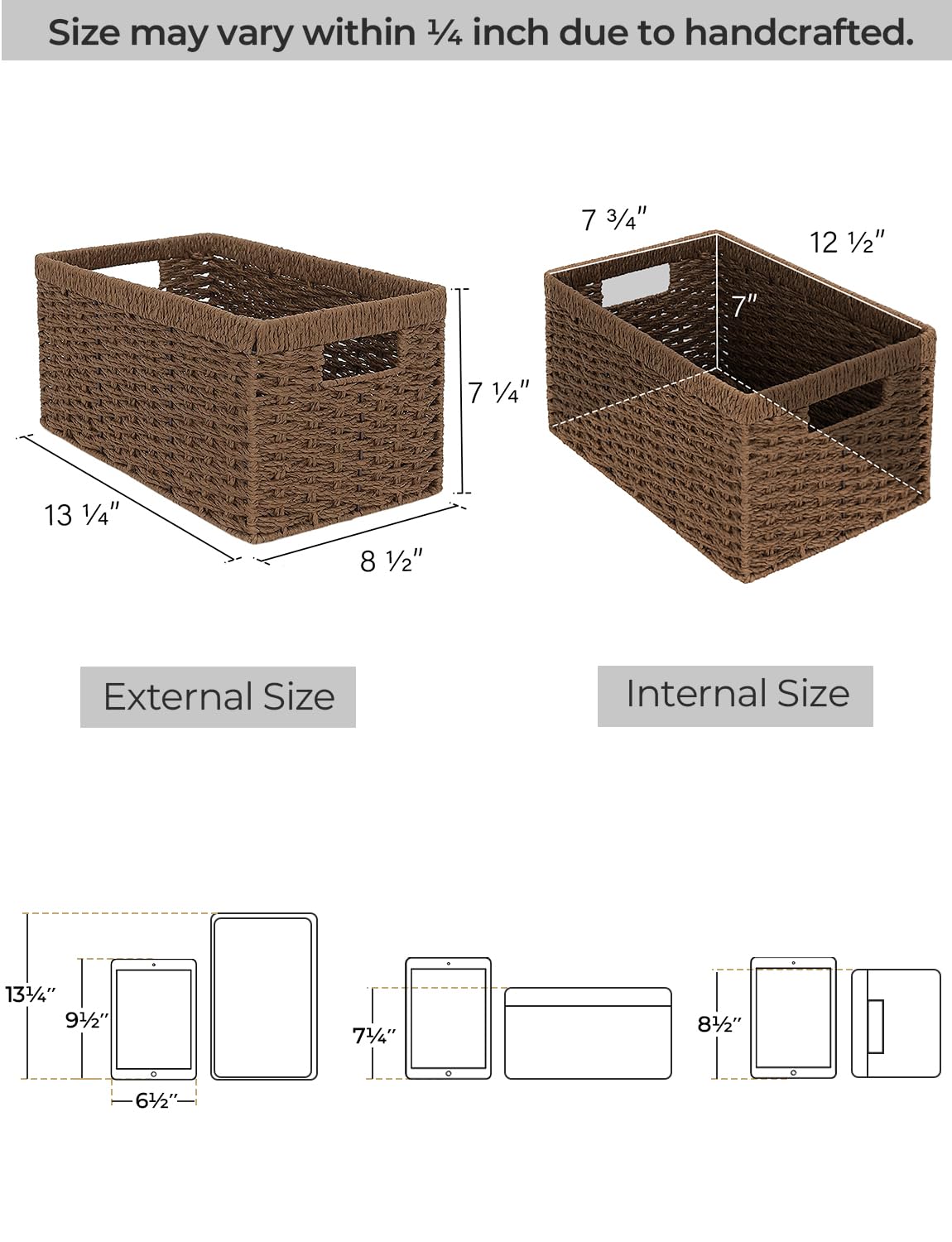 Storageworks Round Paper Rope Storage Baskets, Rectangular Wicker Baskets With Built-In Handles, Medium, 2-Pack