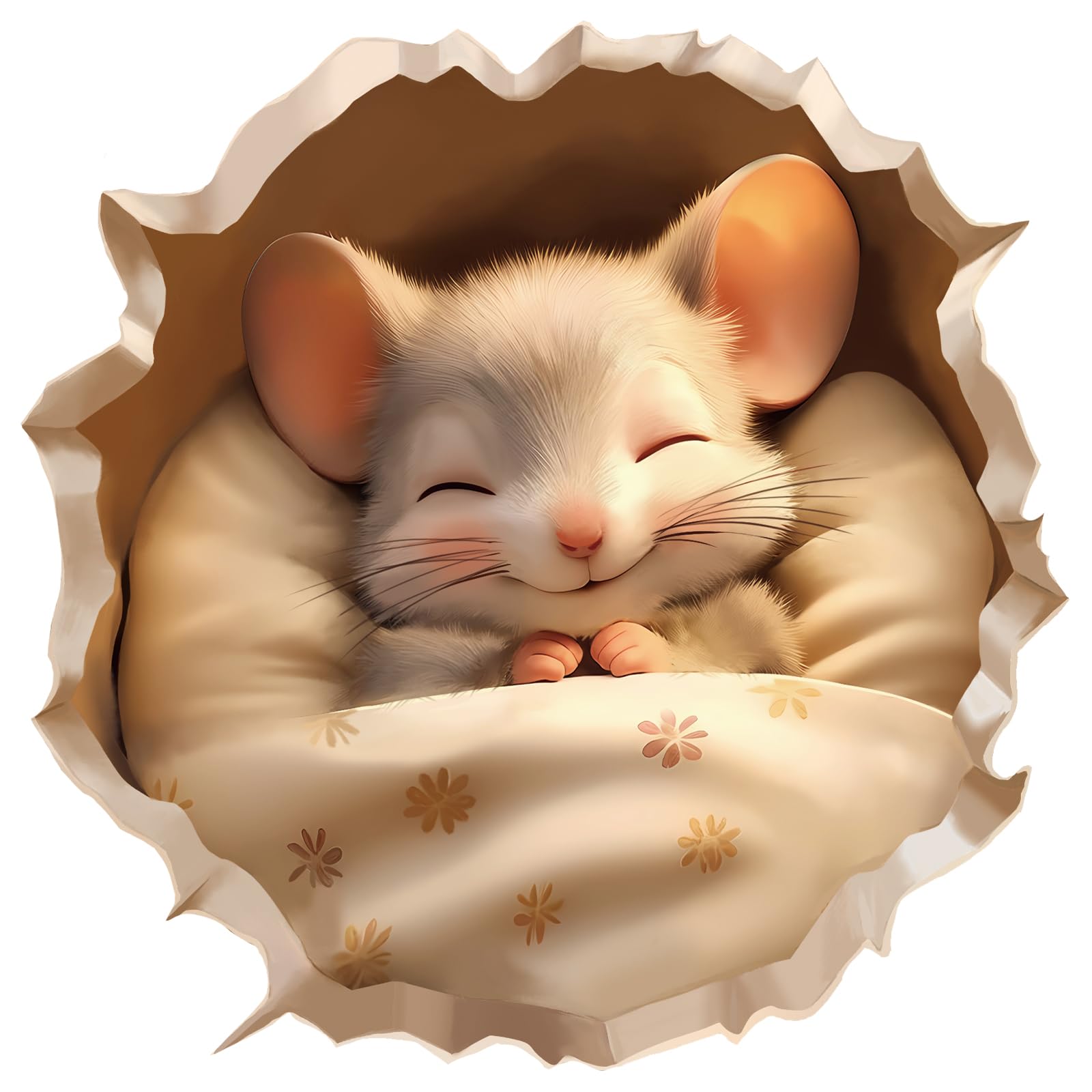 fufuquare 3D Cartoon Mouse Hole Wall Decals Peel and Stick, Cozy Sleep Rats with Floral Quilts Wall Stickers for Children Room, 