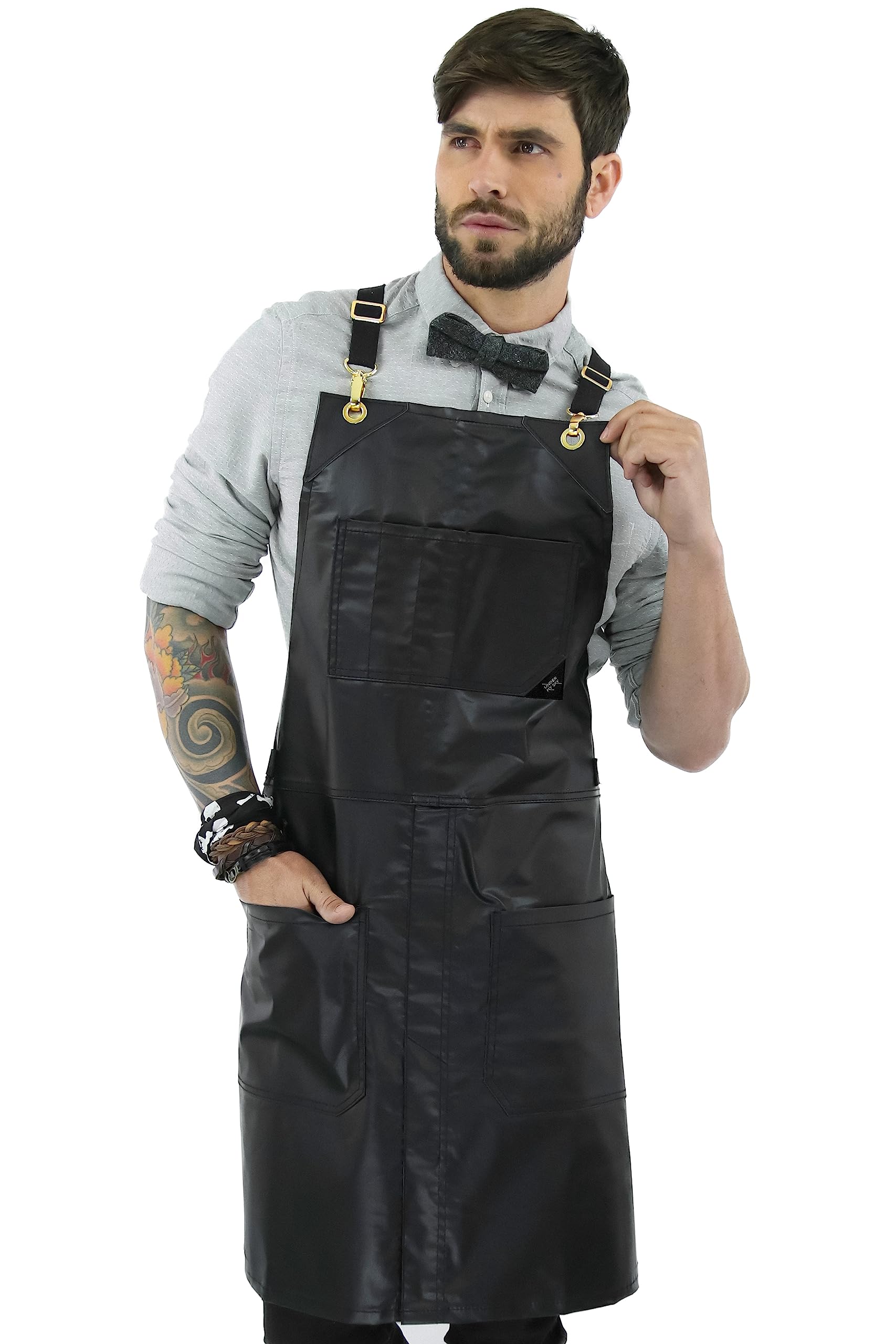 Under Ny Sky Cross-Back Black Apron - Golden Hardware, Coated Twill, Leather Reinforcement, Split-Leg - Adjustable For Men, Wome