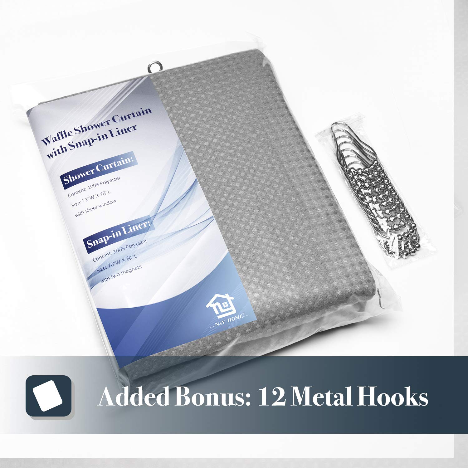 N&Y Home Long Waffle Weave Shower Curtain With Snap-In Fabric Liner And 12 Hooks Set - 71'' X 78'', Hotel Style & Mesh Top Windo