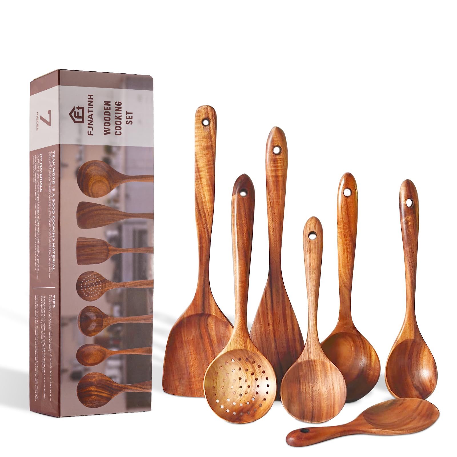 Fjnatinh 7-Piece Nonstick Wooden Cooking Utensils Set, Natural And Healthy Kitchen Utensils(7 Pcs)