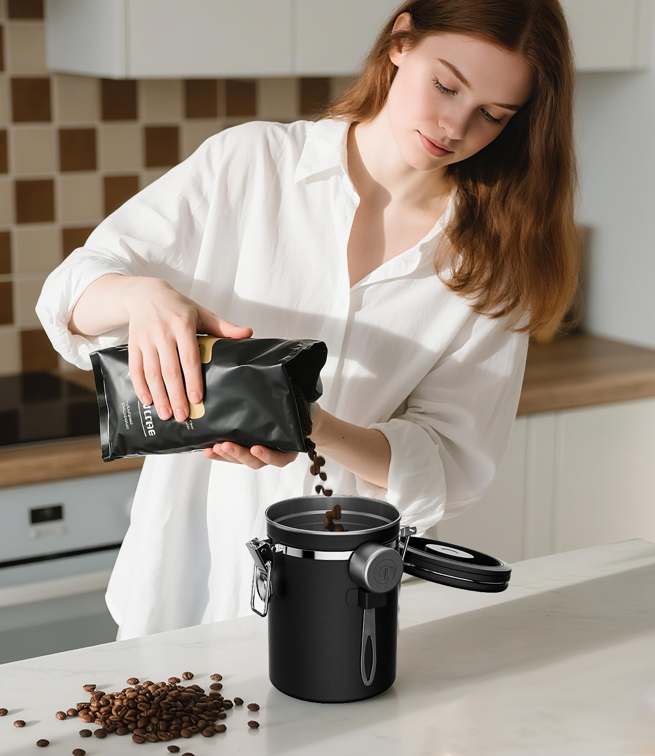 Coffee Gator Stainless Steel Canister - Large 22oz  Black Coffee Grounds and Beans Container with Date-Tracker  CO2-Release Valve  and Measuring Scoop - Ideal Coffee Lovers Gifts for Her