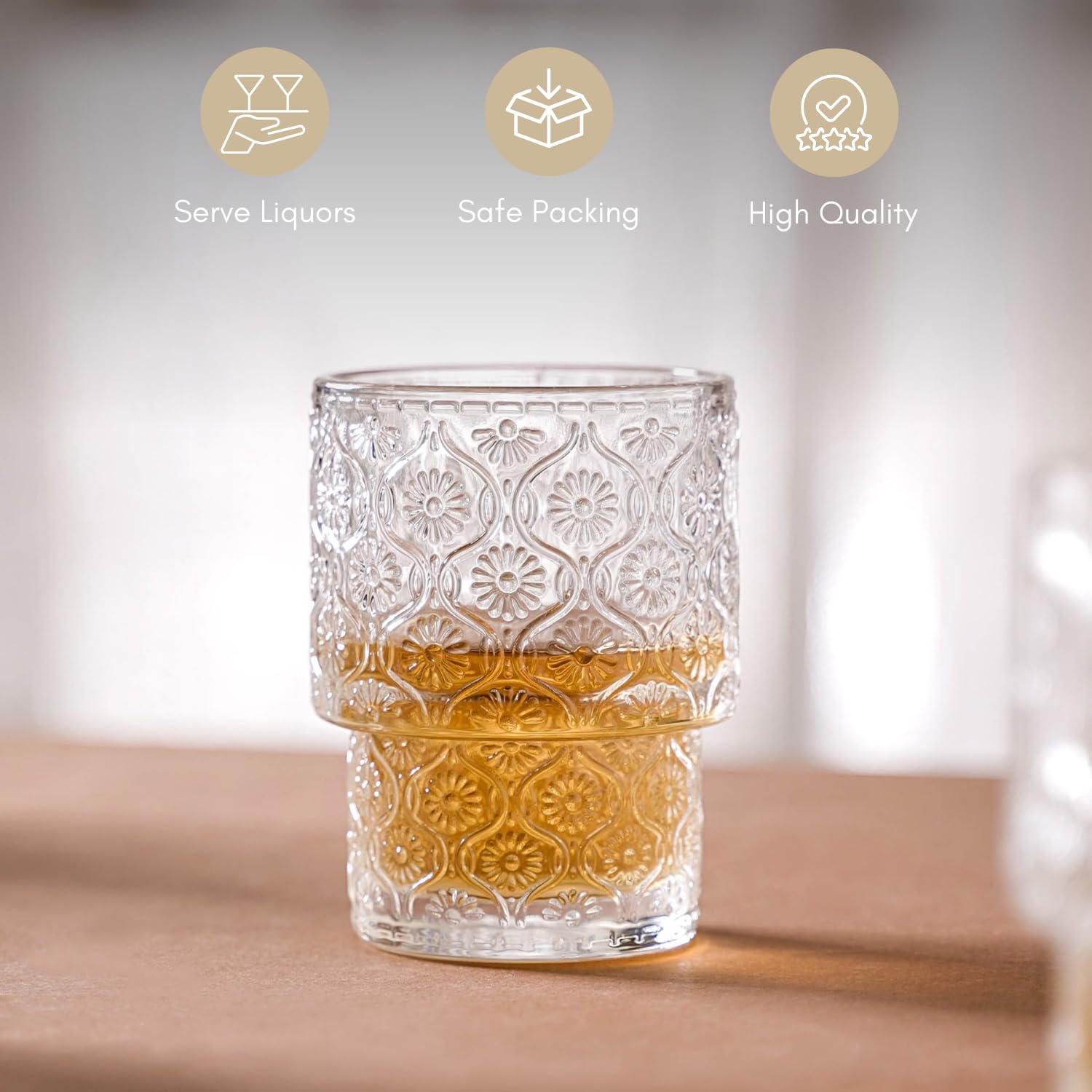 Nestasia Stackable Glasses Set of 6, Lead-Free Chip Resistant Thick Walled Drinking Glassware, Floral, 200ml each