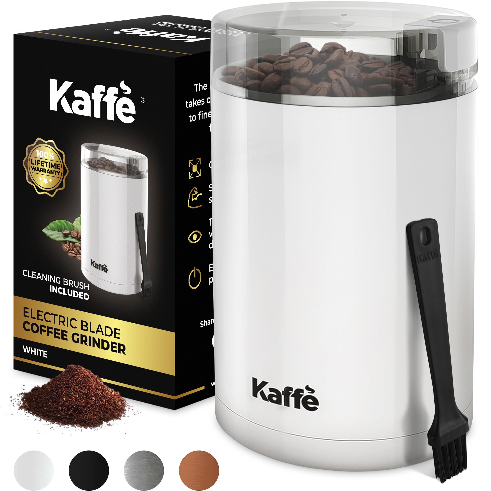 Kaffe One-Touch Coffee Grinder Electric W/Cleaning Brush (3 Oz) - Coffee Grinders For Home Use - Up To 12 Cups Of Coffee Per Gri