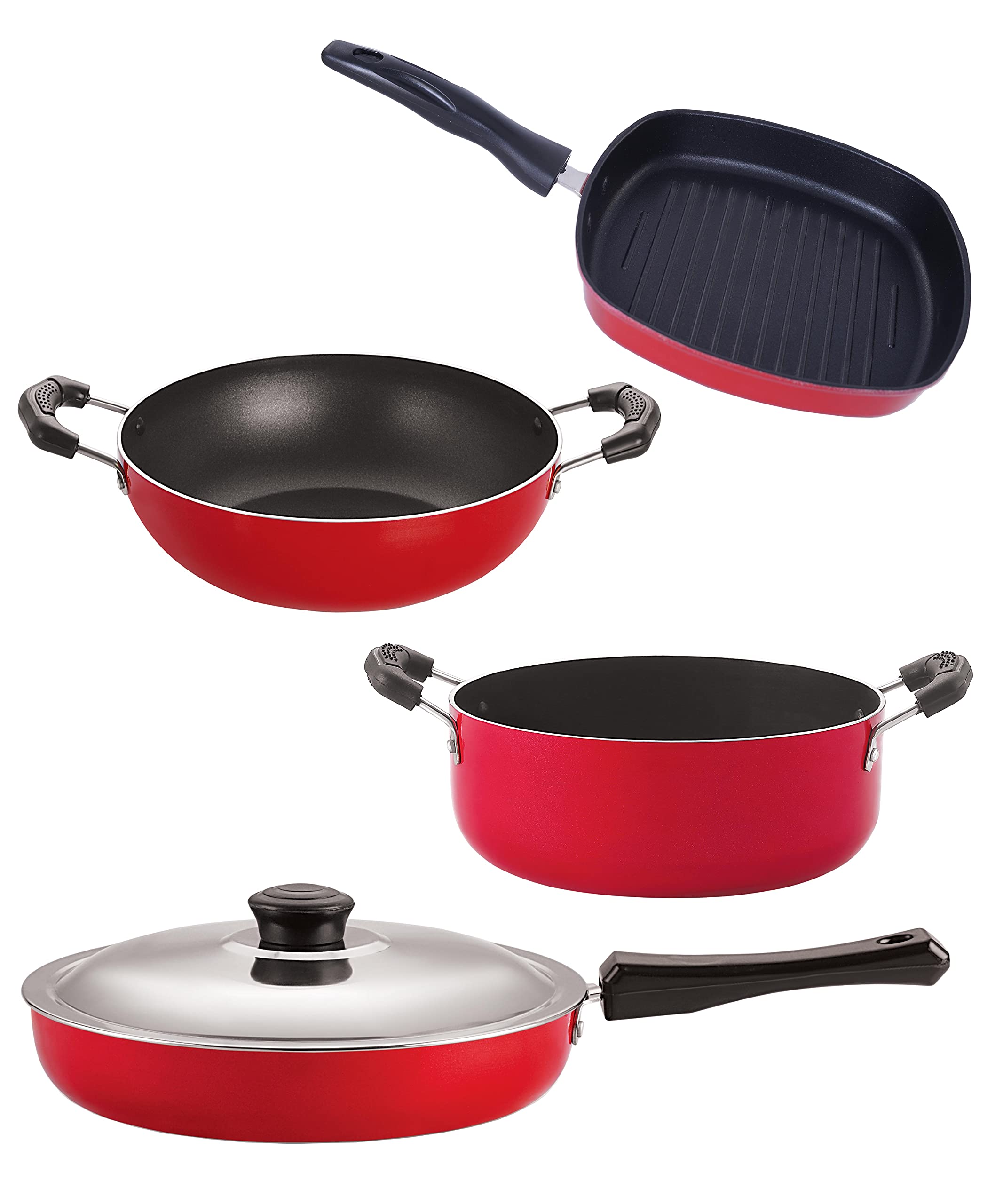 Nirlon NonStick Aluminium Cookware Set Of 4 Pieces Red Color (Fp11_Kd11_Gp24.5_Cs24)