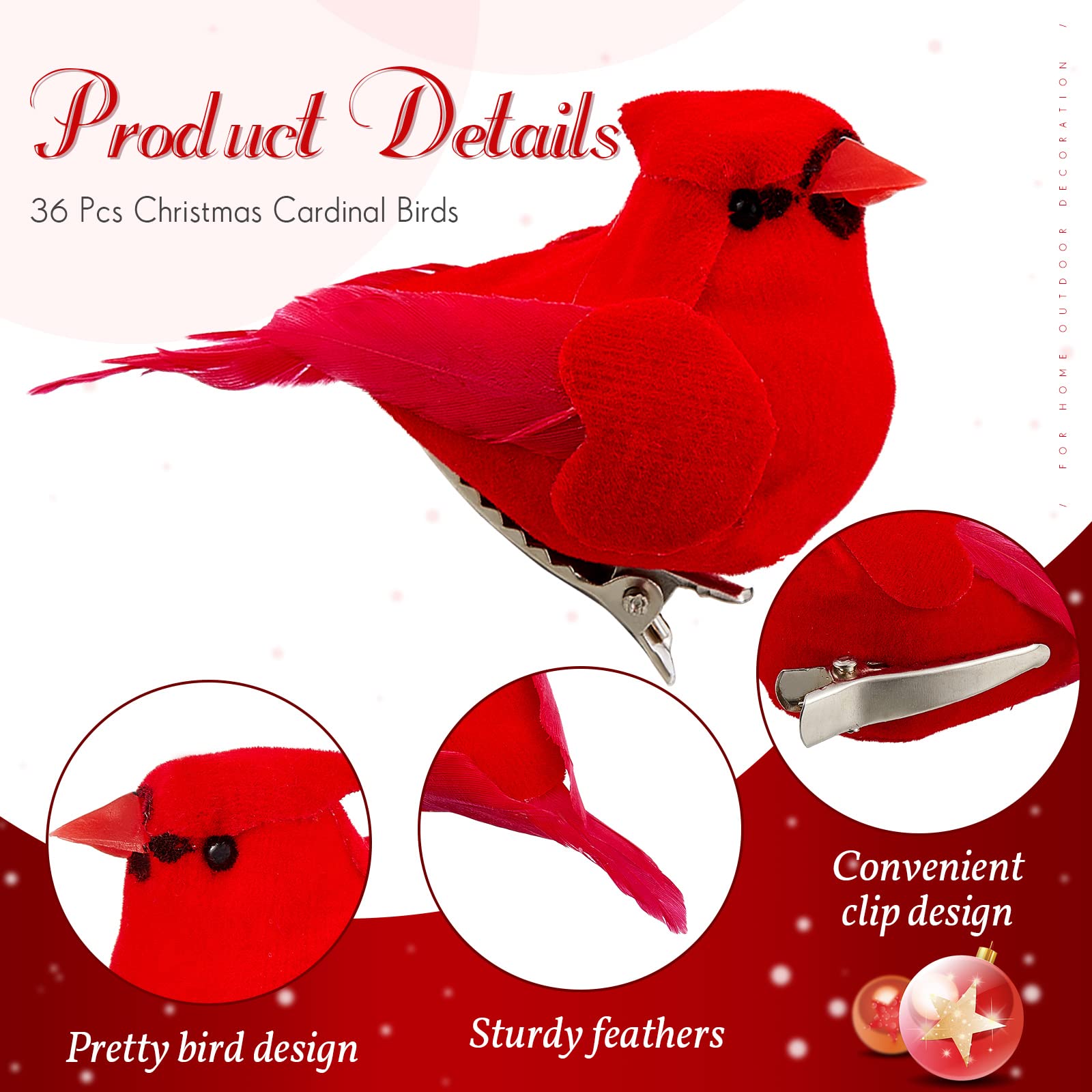 Taiyin 36 Pcs Red Cardinal with Clip on Christmas Tree Mini Ornament Red Feather Faux Birds Decorations Bird Craft Ornament for