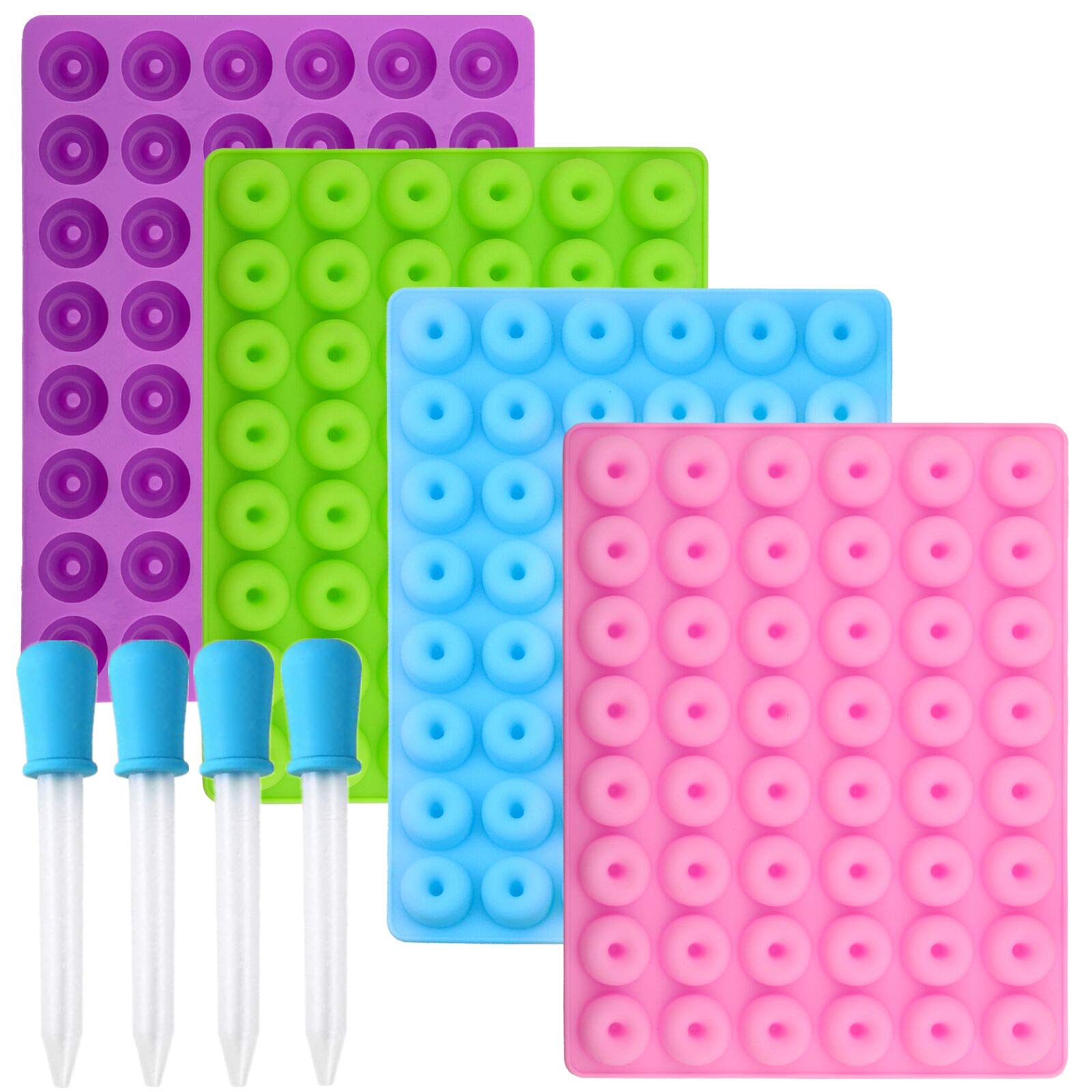 Joersh Gummy Loop Molds, 4 Silicone Candy Molds With 4 Droppers, Non-Stick Mini Donut Pans For Gummy Rings, Fruit Loop Gummies,