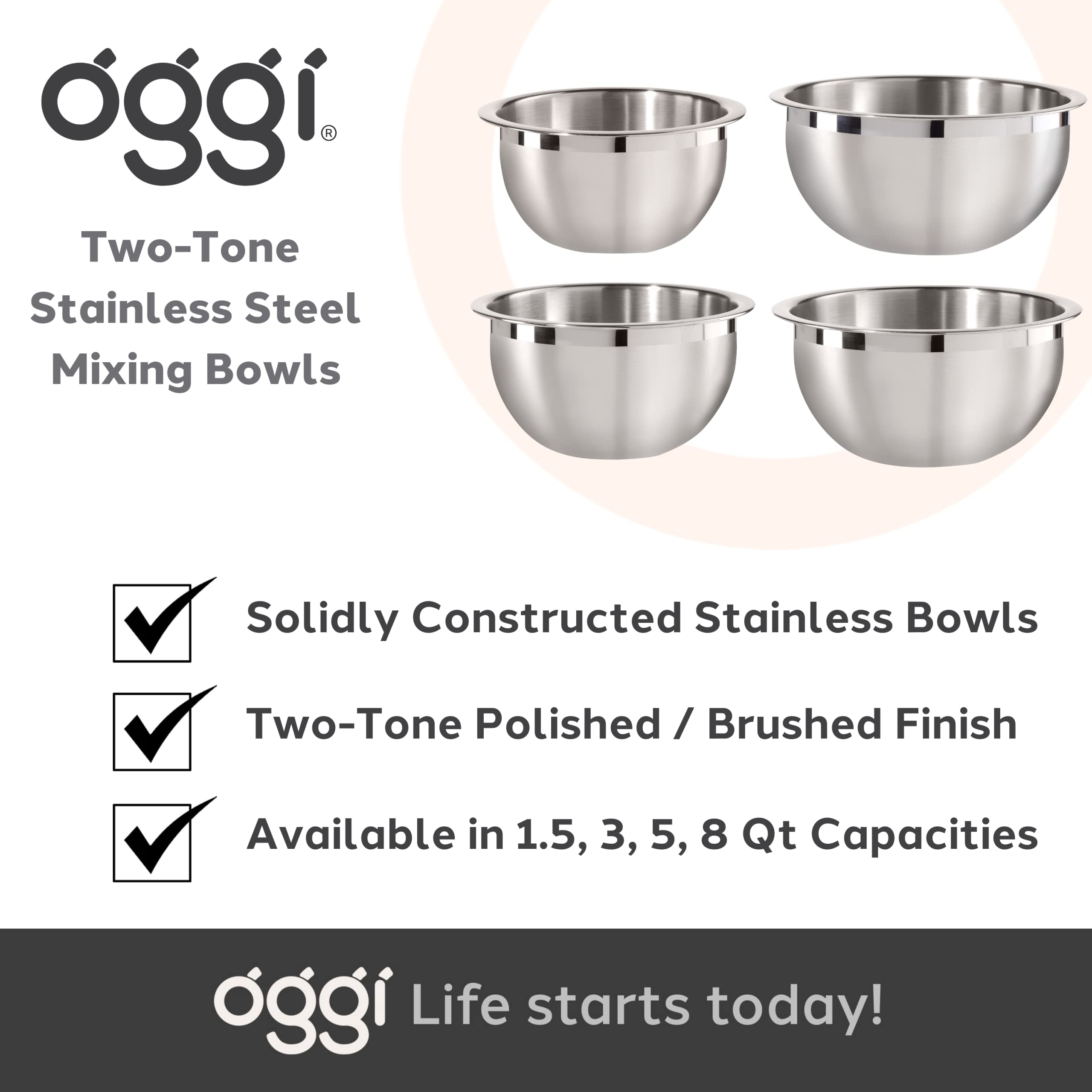 Oggi 3-Quart Two-Tone Stainless Steel Mixing Bowl  Great for Mixing  Making Dough  Dressing Salads  Mixing Eggs  Washing Vegetables