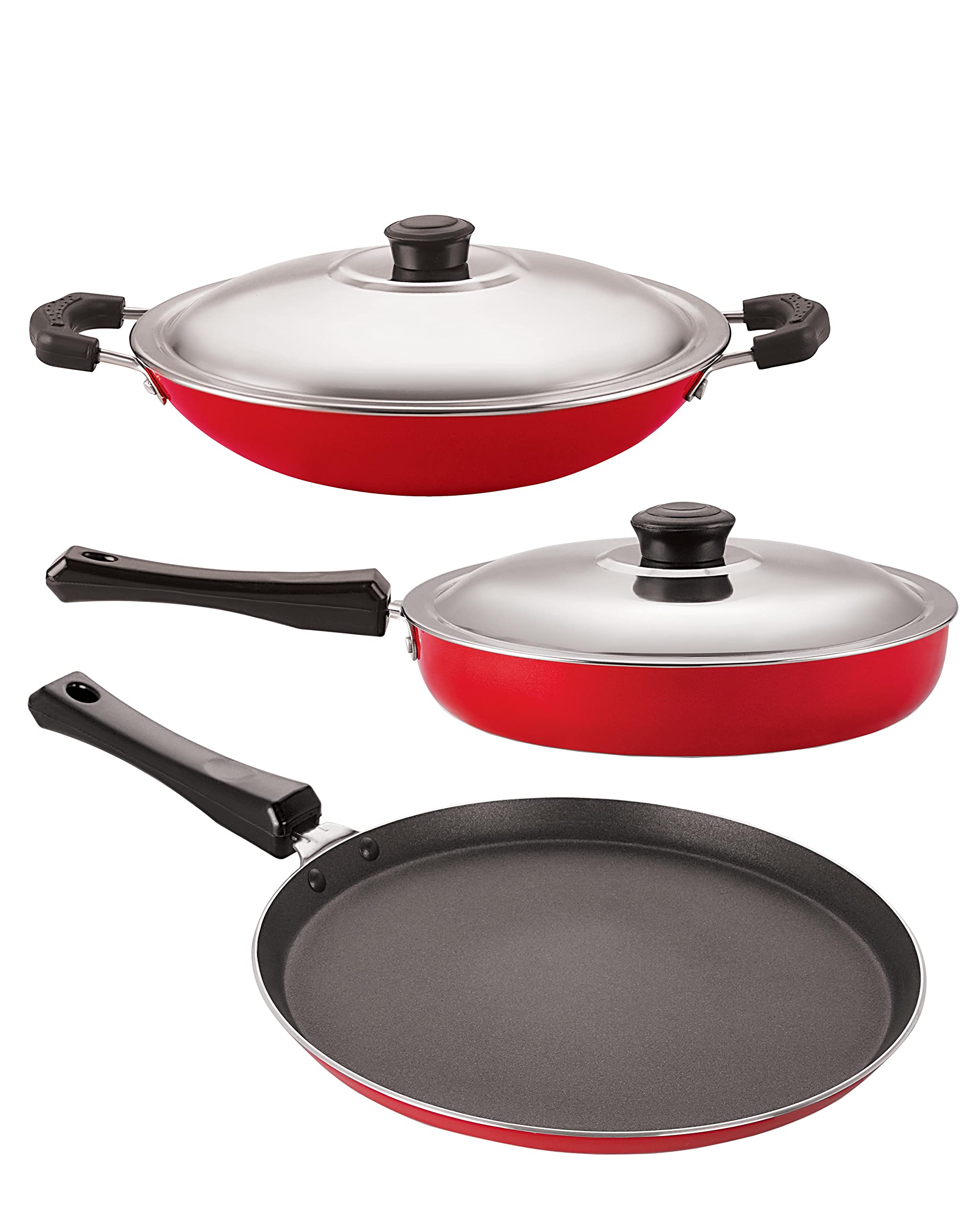 Nirlon NonStick Aluminium Cookware Set, 3Pieces, Red (2.6Mm_Ft13_Fp12_Chatti)