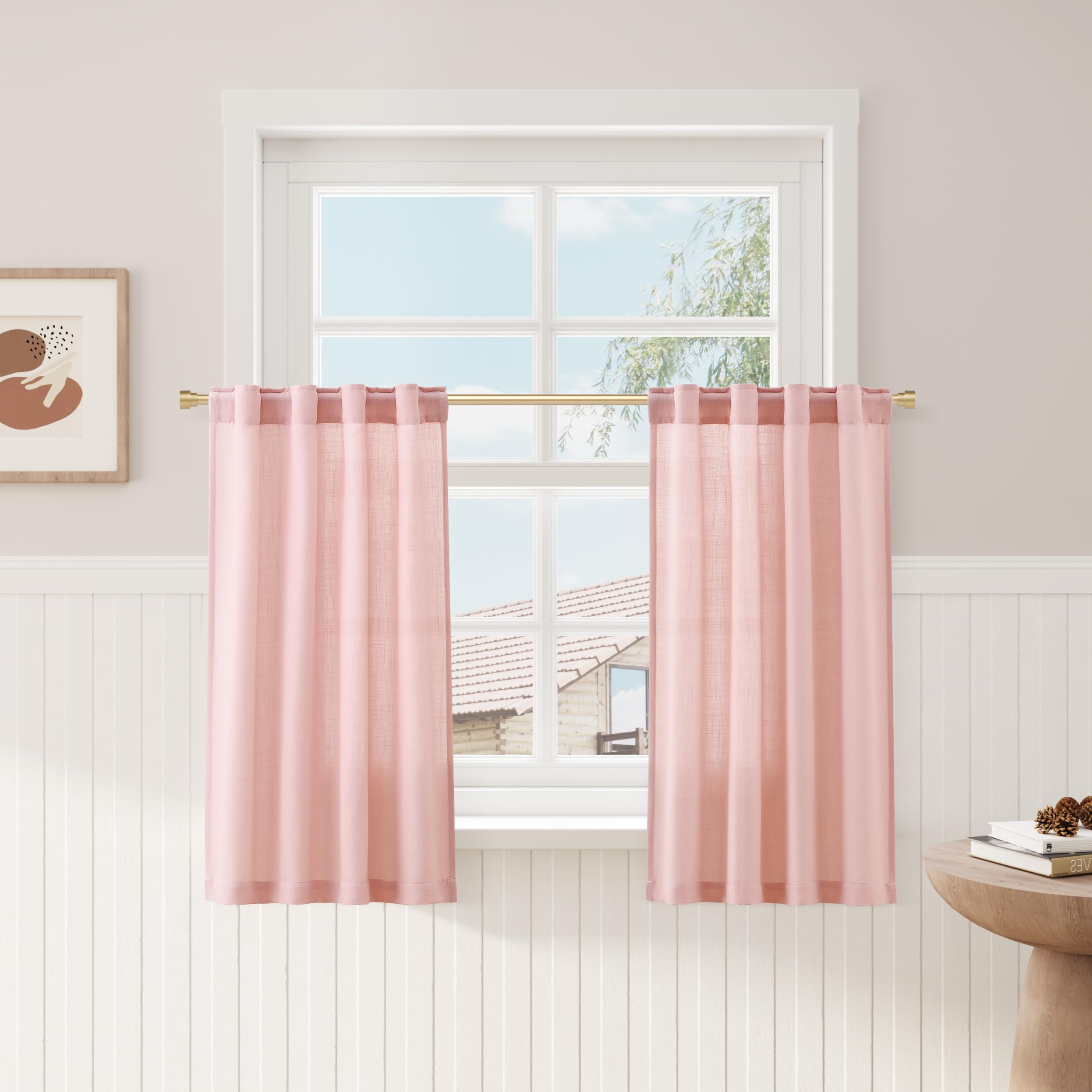 Pink Linen Cafe Farmhouse Kitchen Curtains 36 Inch Length Linen Privacy Light Filtering Pleated Short Curtains with Rod Pocket B