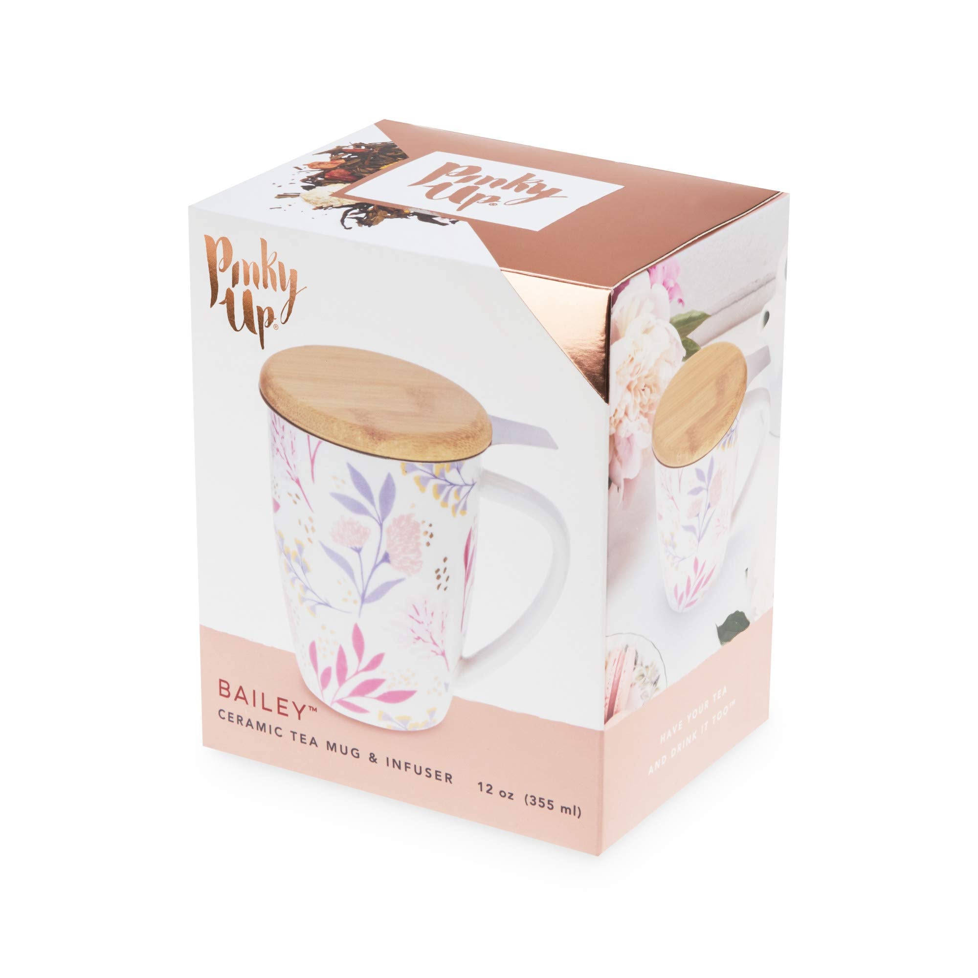 Pinky Up Bailey Ceramic Tea Mug And Loose Leaf Tea Infuser, Loose Leaf Tea Accessories, Tea Tumbler Cup, Botanical Design, 12Oz