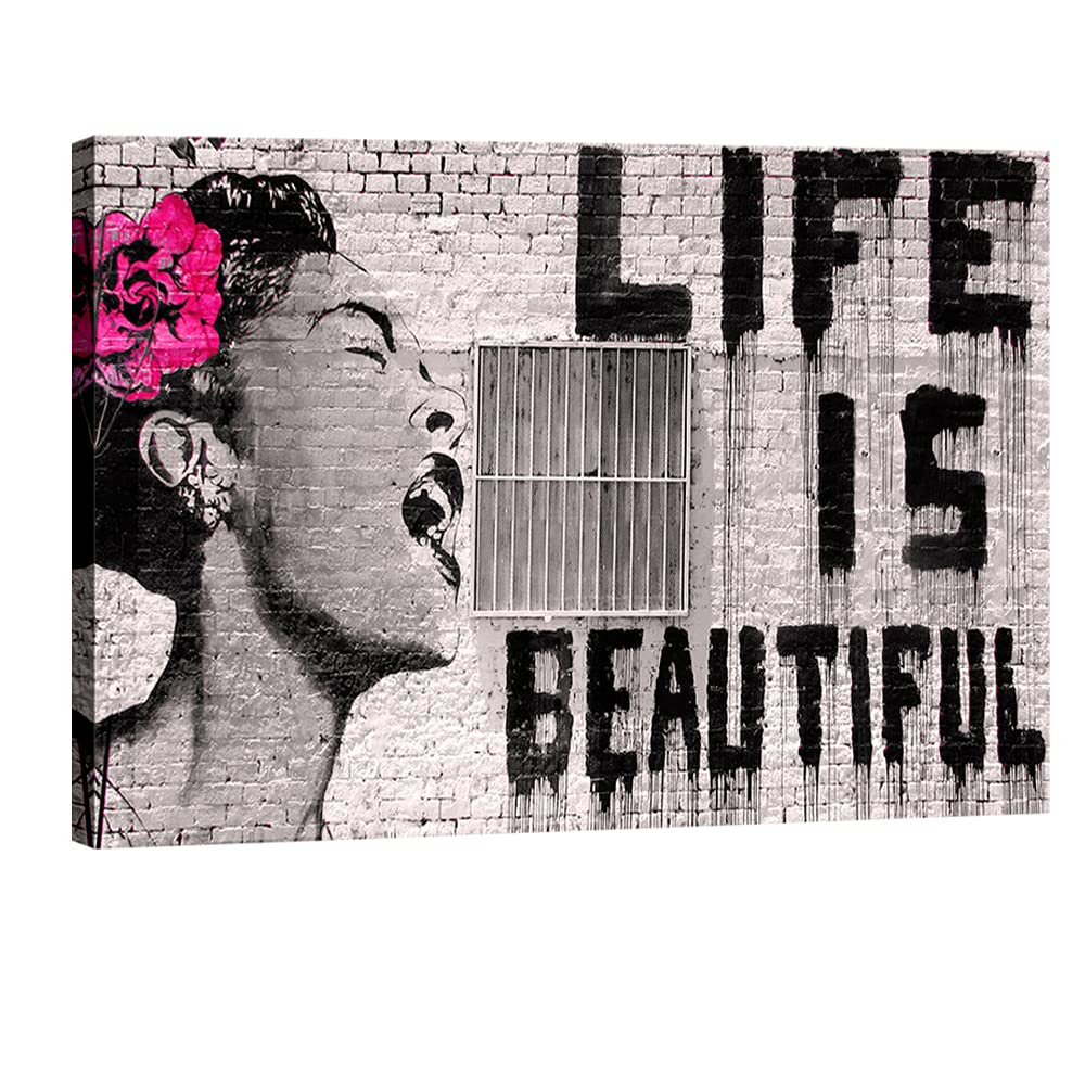 Pyradecor Large Banksy Life Is Beautiful Artwork Modern Grey Love Pictures Paintings Canvas Wall Art For Bedroom Living Room Hom